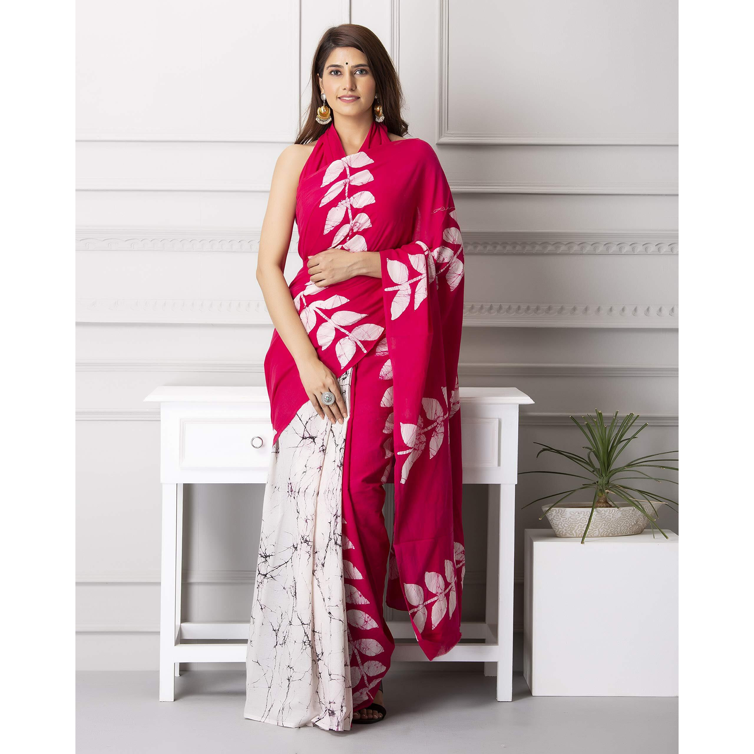 Kiaaron Handicrafts Womens Ikat Hand Block Print Jaipuri Cotton Mulmul Saree with Blouse Piece - _SH_45