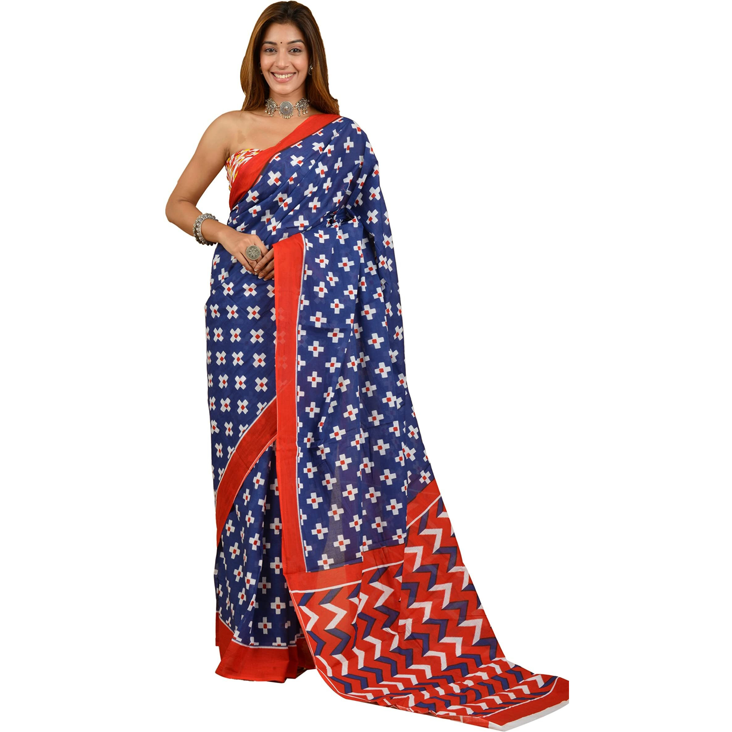 Kiaaron Handicrafts Womens Ikat Hand Block Print Jaipuri Cotton Mulmul Saree with Blouse Piece - _SH_56