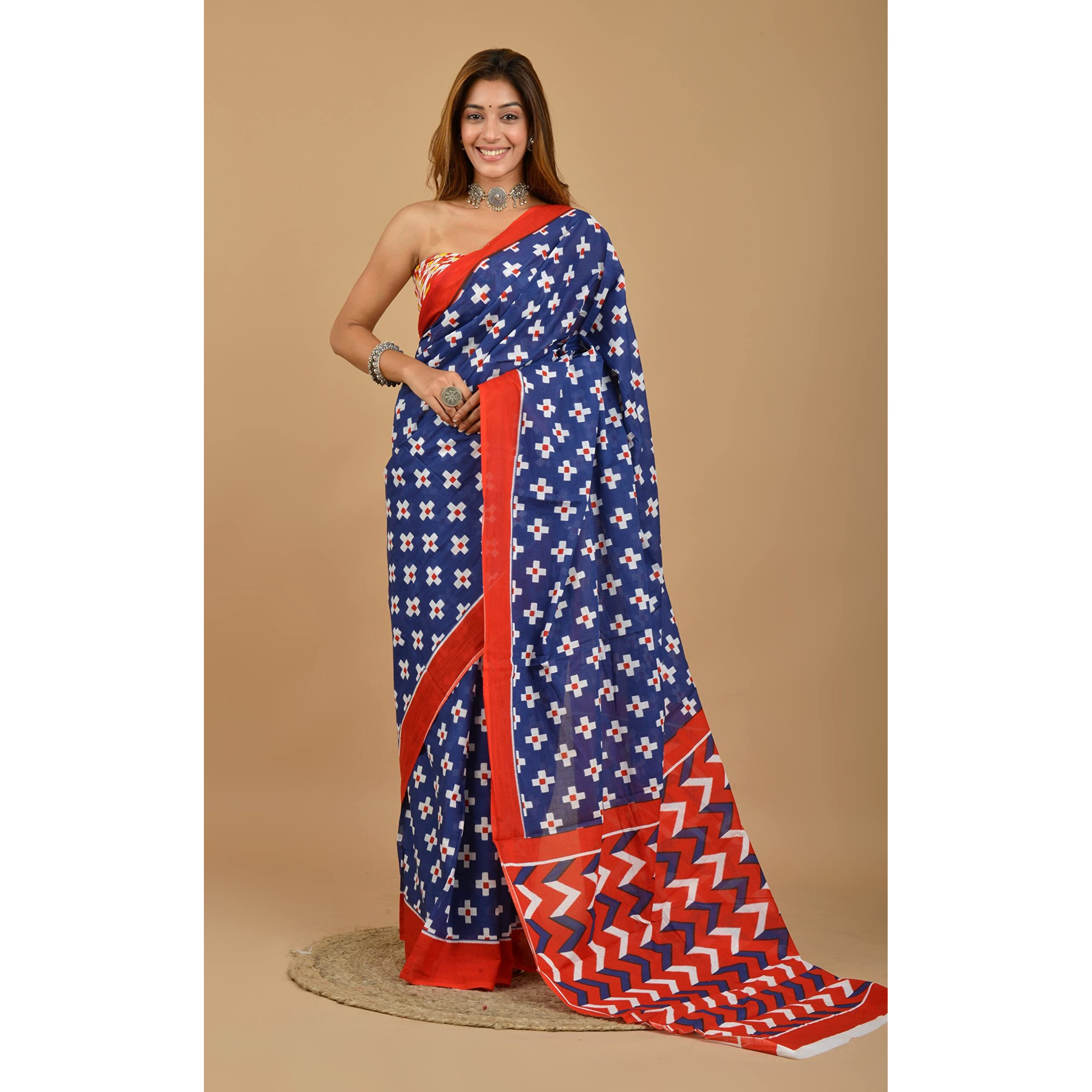 Kiaaron Handicrafts Womens Ikat Hand Block Print Jaipuri Cotton Mulmul Saree with Blouse Piece - _SH_56