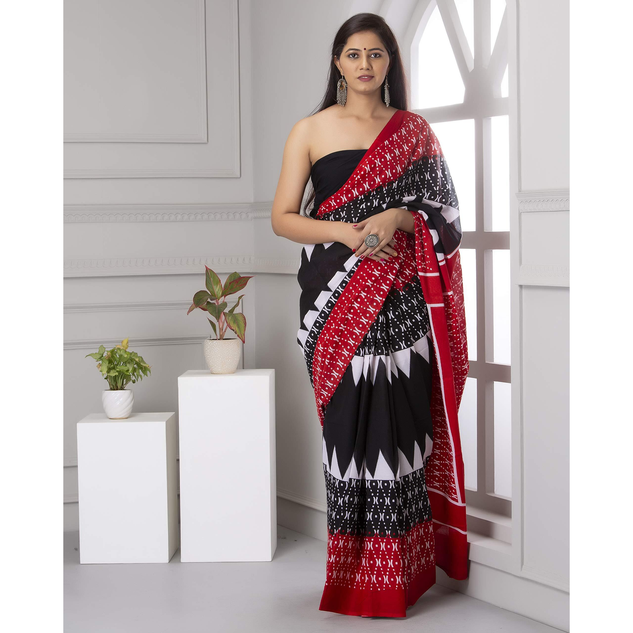 Kiaaron Handicrafts Womens Ikat Hand Block Print Jaipuri Cotton Mulmul Saree with Blouse Piece - _SH_33