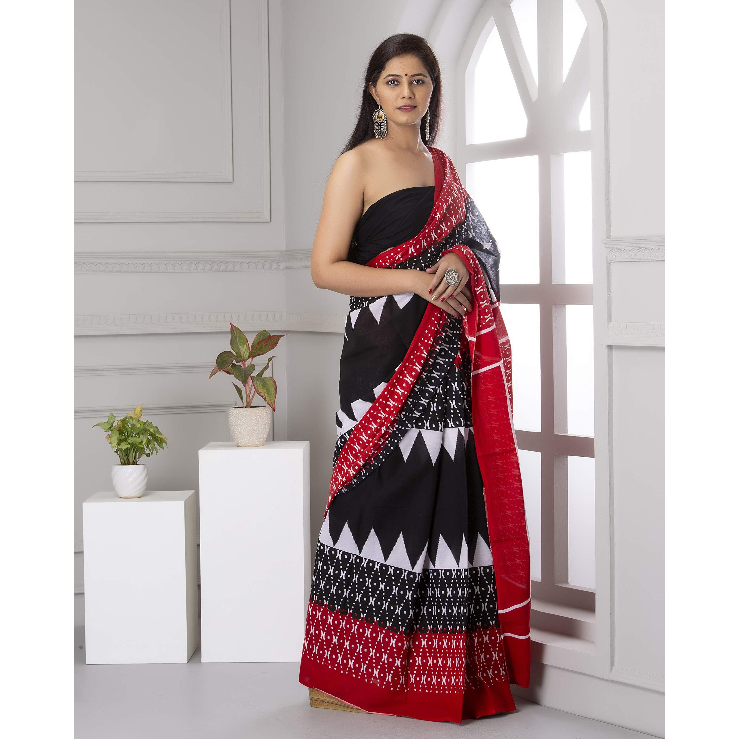 Kiaaron Handicrafts Womens Ikat Hand Block Print Jaipuri Cotton Mulmul Saree with Blouse Piece - _SH_33
