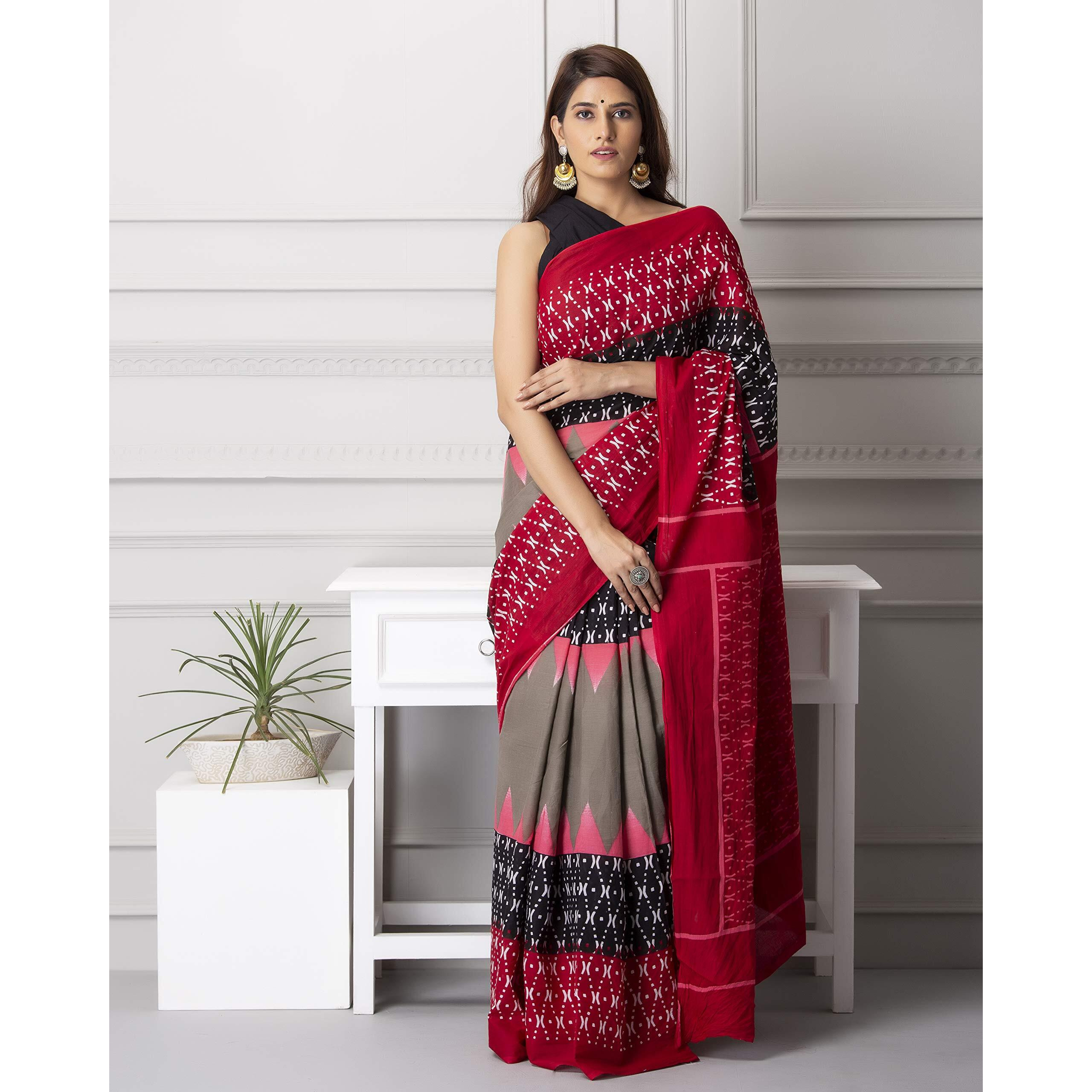Kiaaron Handicrafts Womens Ikat Hand Block Print Jaipuri Cotton Mulmul Saree with Blouse Piece - _SH_39