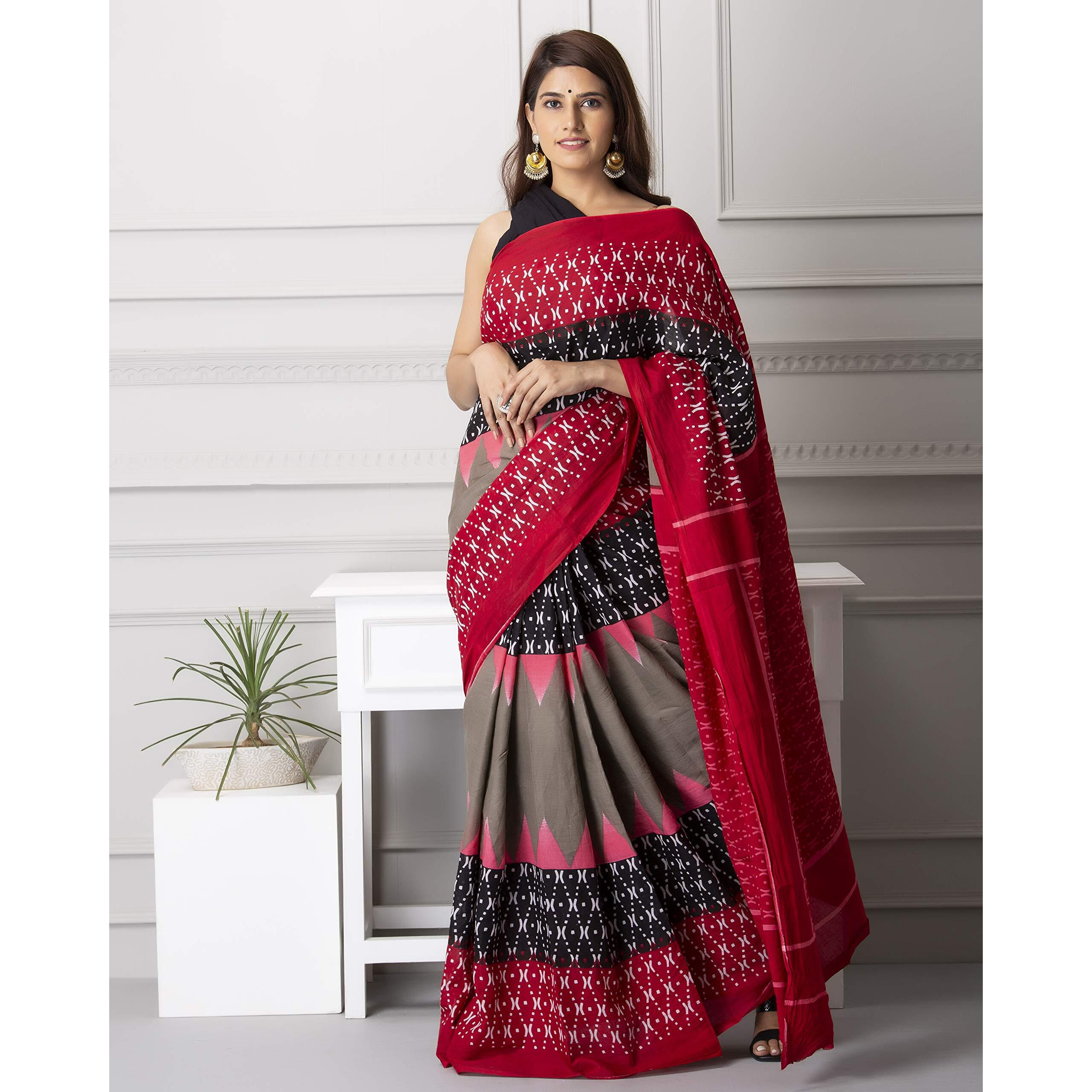 Kiaaron Handicrafts Womens Ikat Hand Block Print Jaipuri Cotton Mulmul Saree with Blouse Piece - _SH_39