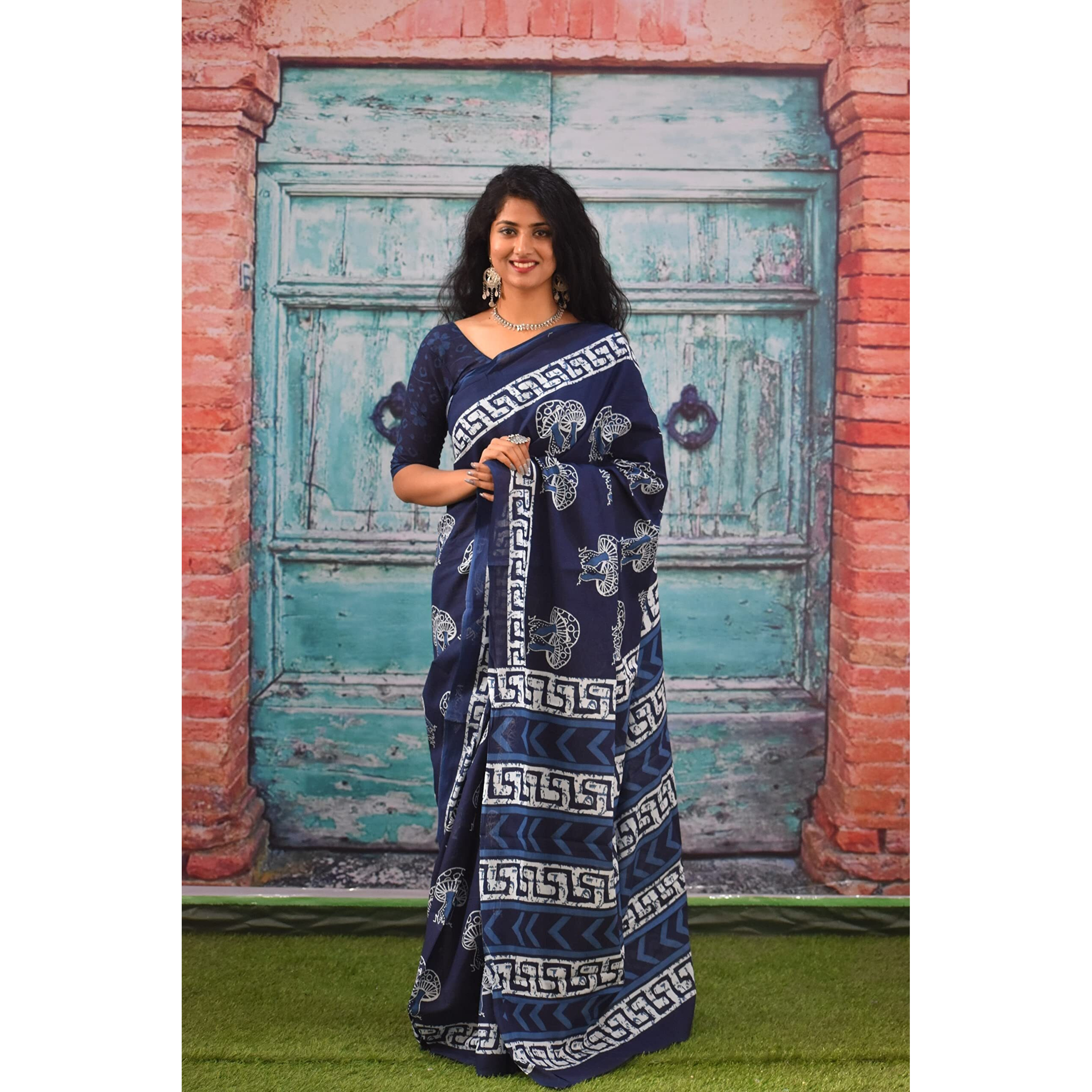 Kiaaron Womens Ikat Hand Block Print Jaipuri Cotton Mulmul Saree with Blouse Piece - Blue_46