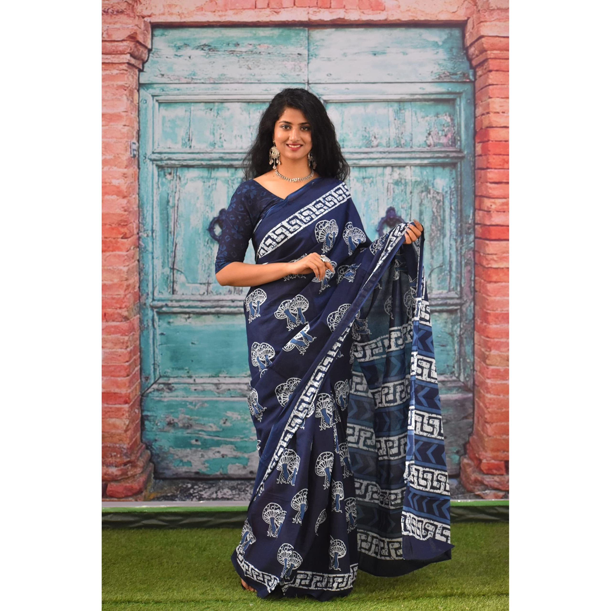 Kiaaron Womens Ikat Hand Block Print Jaipuri Cotton Mulmul Saree with Blouse Piece - Blue_46