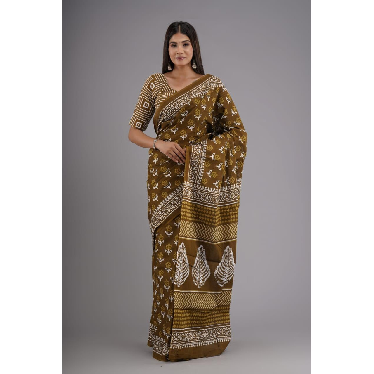 Kiaaron Handicrafts Womens Ikat Hand Block Print Jaipuri Cotton Mulmul Saree with Blouse Piece -Mustard_8