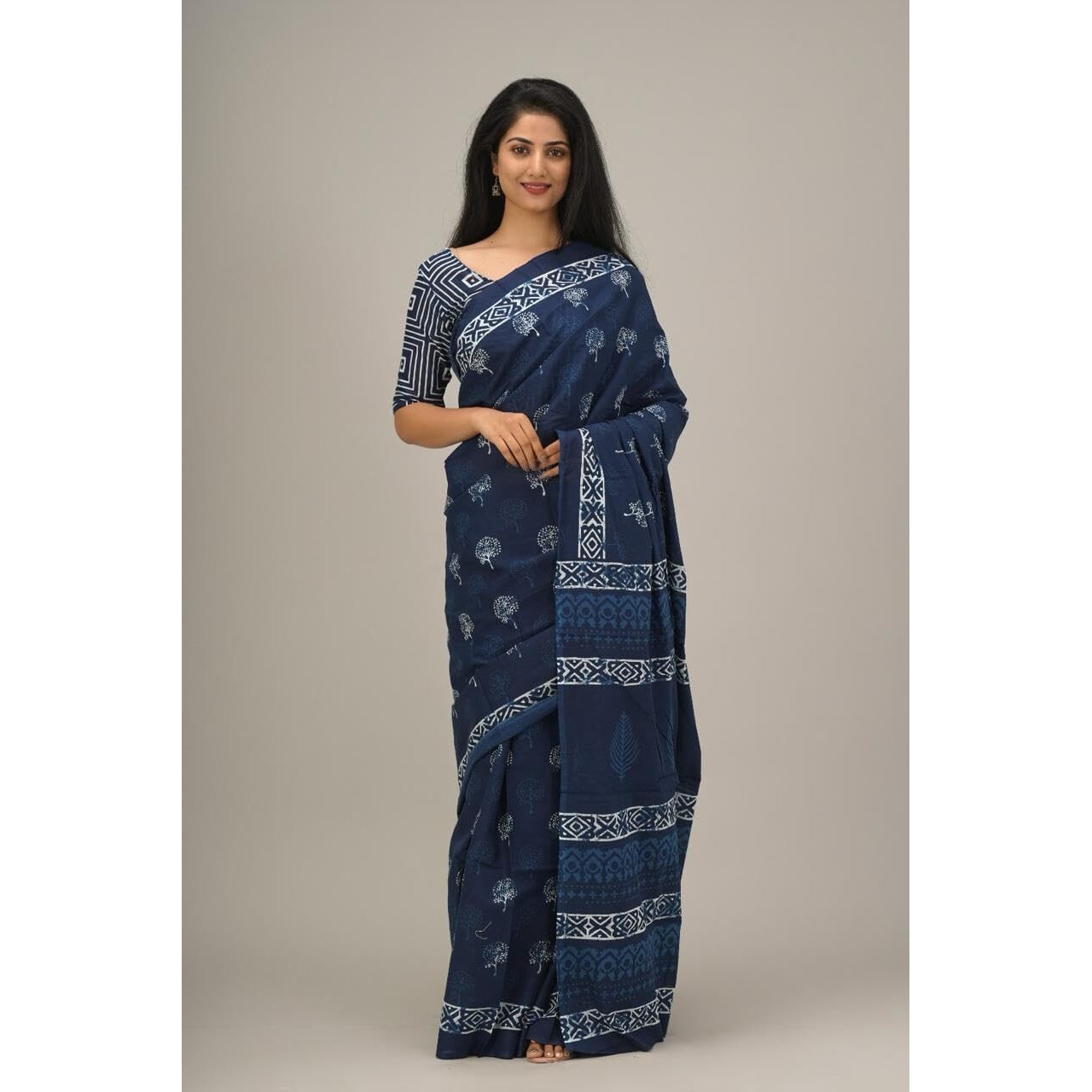Kiaaron Handicrafts Womens Ikat Hand Block Print Jaipuri Cotton Mulmul Saree with Blouse Piece - _3