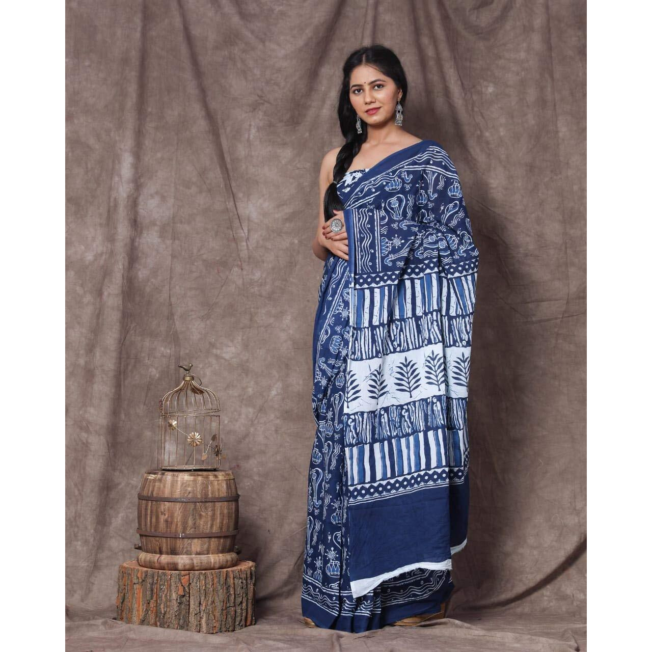 Kiaaron Womens Ikat Hand Block Print Jaipuri Cotton Mulmul Saree with Blouse Piece -Blue_Kia688