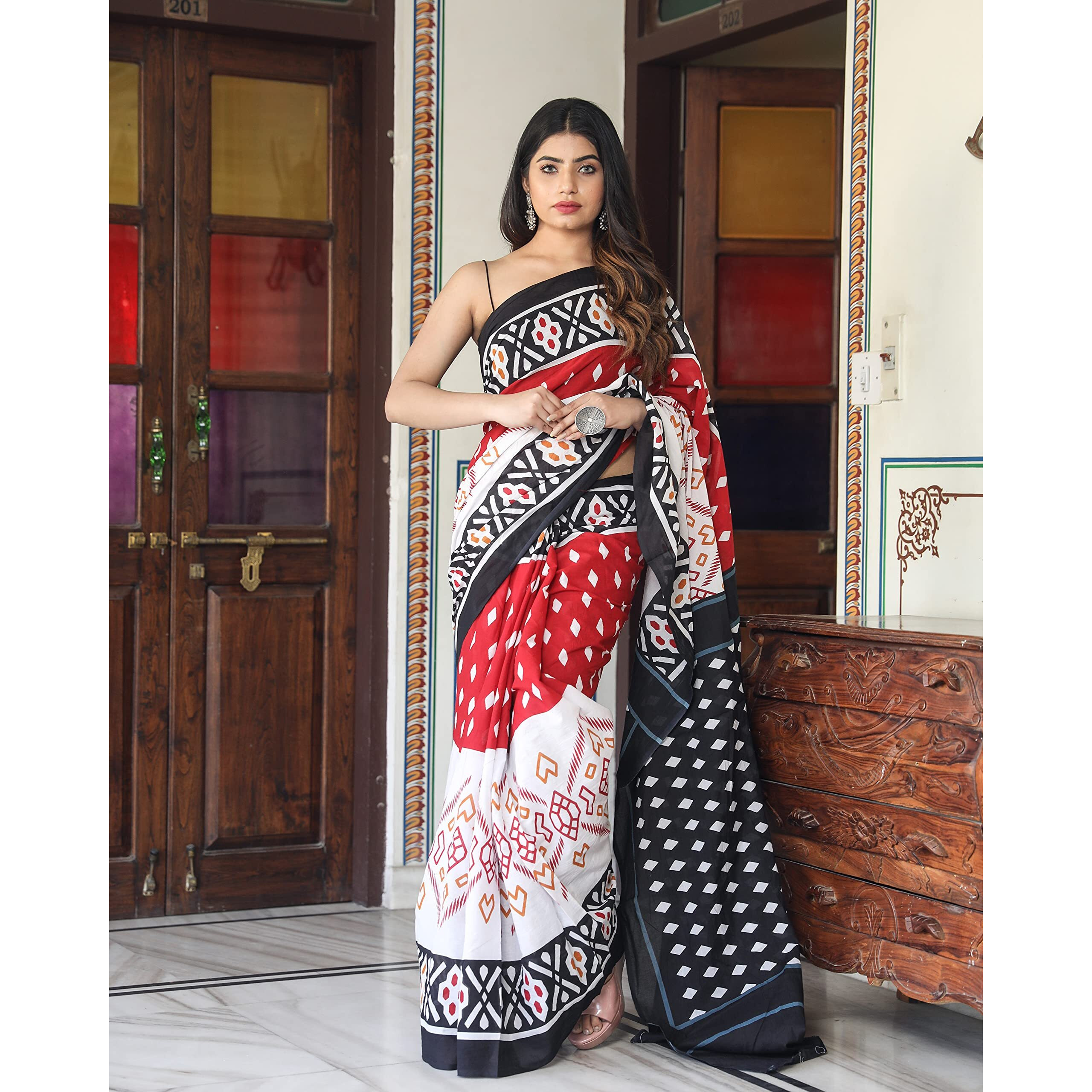 RedKiaaron Womens Hand Block Kalamkari Batik Bagru Jaipuri Ikat Printed Handloom Pure Cotton Mulmul Traditional Ethnic Cotton Sarees With Printed Blouse Piece - Red