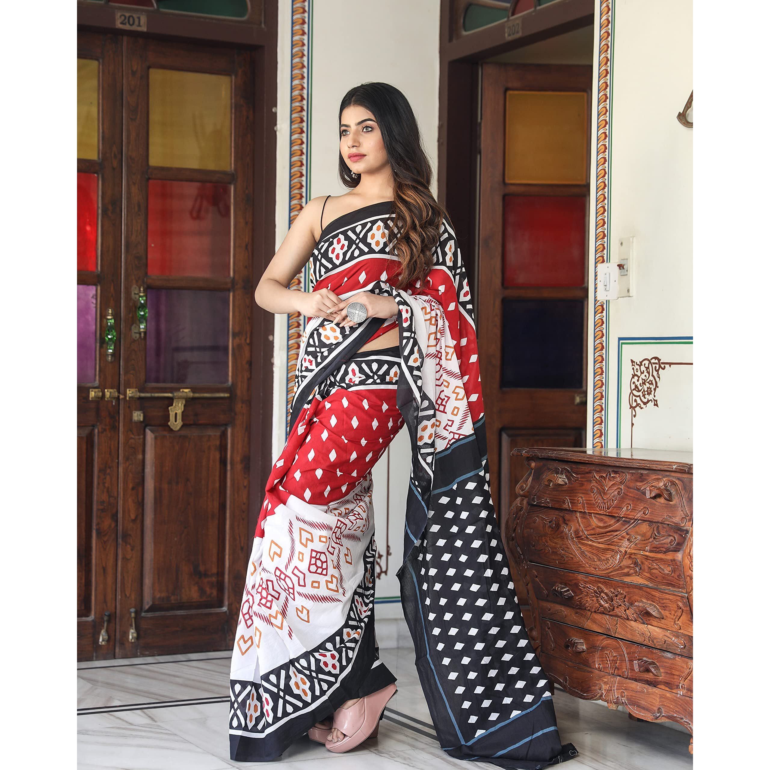 RedKiaaron Womens Hand Block Kalamkari Batik Bagru Jaipuri Ikat Printed Handloom Pure Cotton Mulmul Traditional Ethnic Cotton Sarees With Printed Blouse Piece - Red