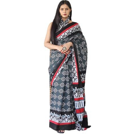 Kiaaron Womens Hand Block Kalamkari Batik Bagru Jaipuri Ikat Printed Handloom Pure Cotton Mulmul Traditional Ethnic Cotton Sarees With Printed Blouse Piece - Grey