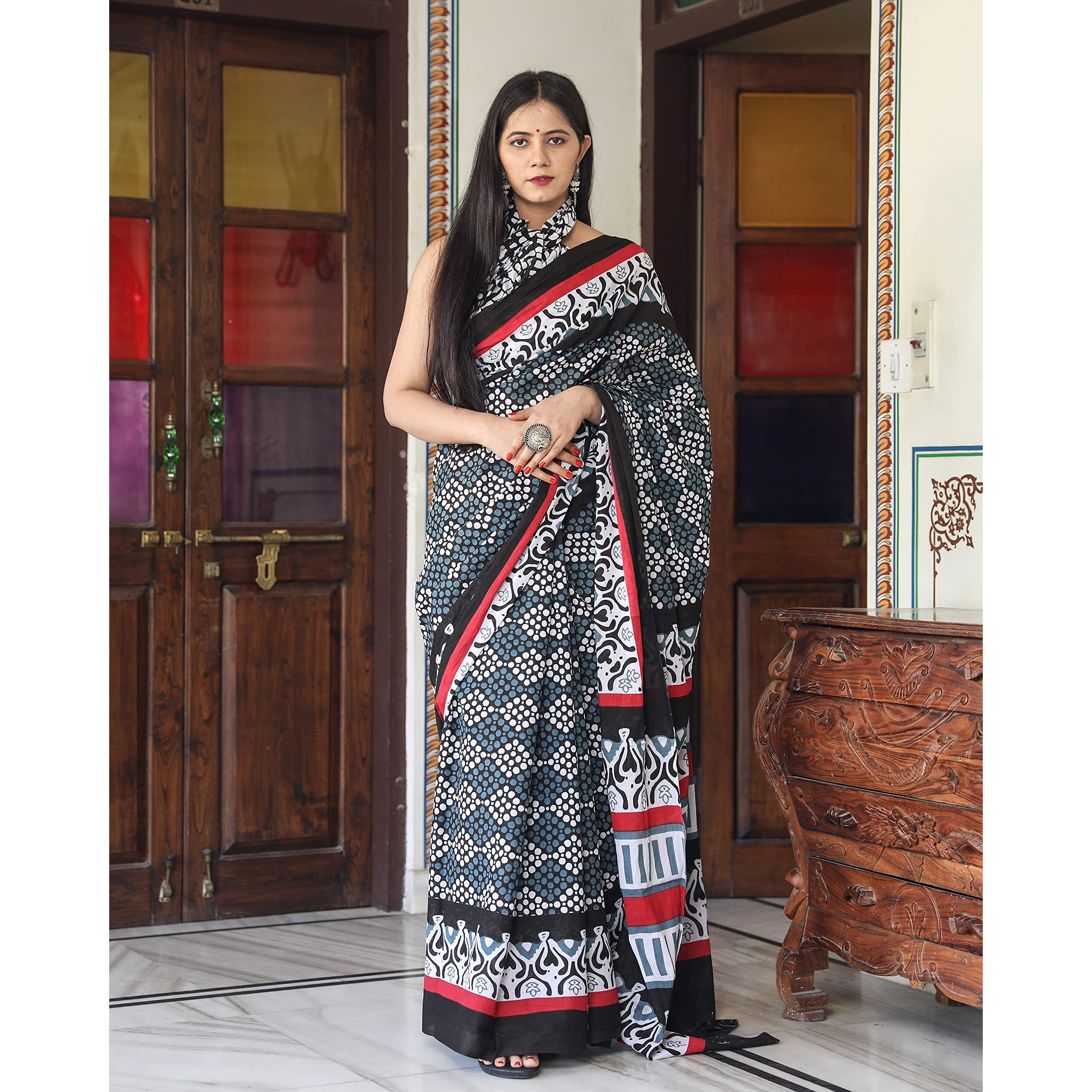 Kiaaron Womens Hand Block Kalamkari Batik Bagru Jaipuri Ikat Printed Handloom Pure Cotton Mulmul Traditional Ethnic Cotton Sarees With Printed Blouse Piece - Grey