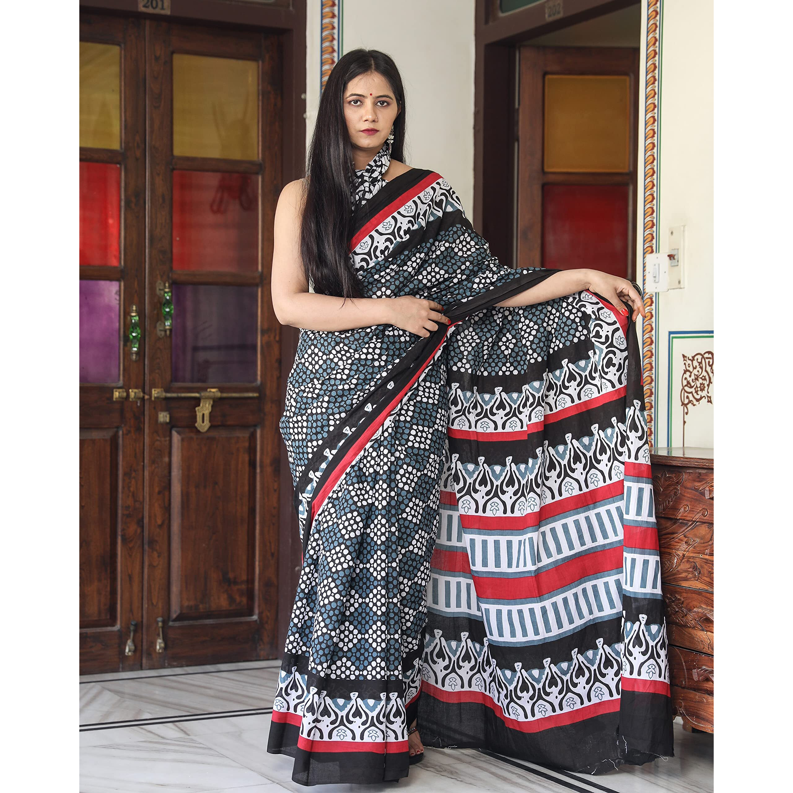 Kiaaron Womens Hand Block Kalamkari Batik Bagru Jaipuri Ikat Printed Handloom Pure Cotton Mulmul Traditional Ethnic Cotton Sarees With Printed Blouse Piece - Grey