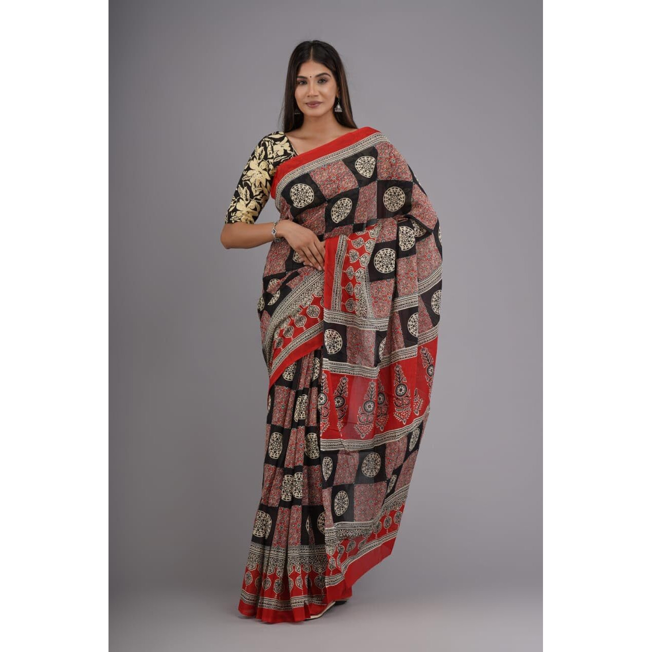 Kiaaron Handicrafts Womens Ikat Hand Block Print Jaipuri Cotton Mulmul Saree with Blouse Piece -Red_9