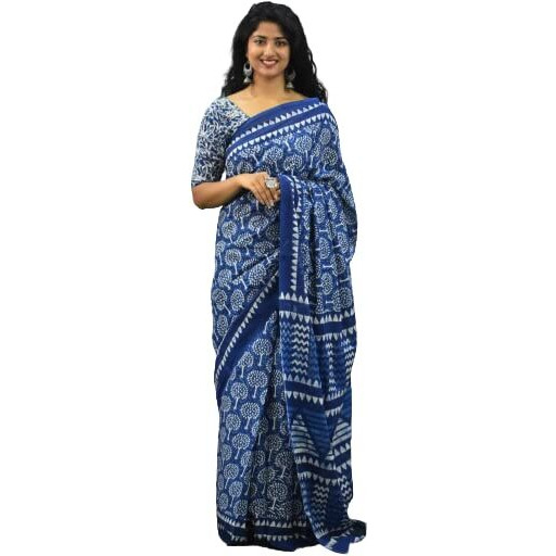 Kiaaron Handicrafts Womens Ikat Hand Block Print Jaipuri Cotton Mulmul Saree with Blouse Piece - _7
