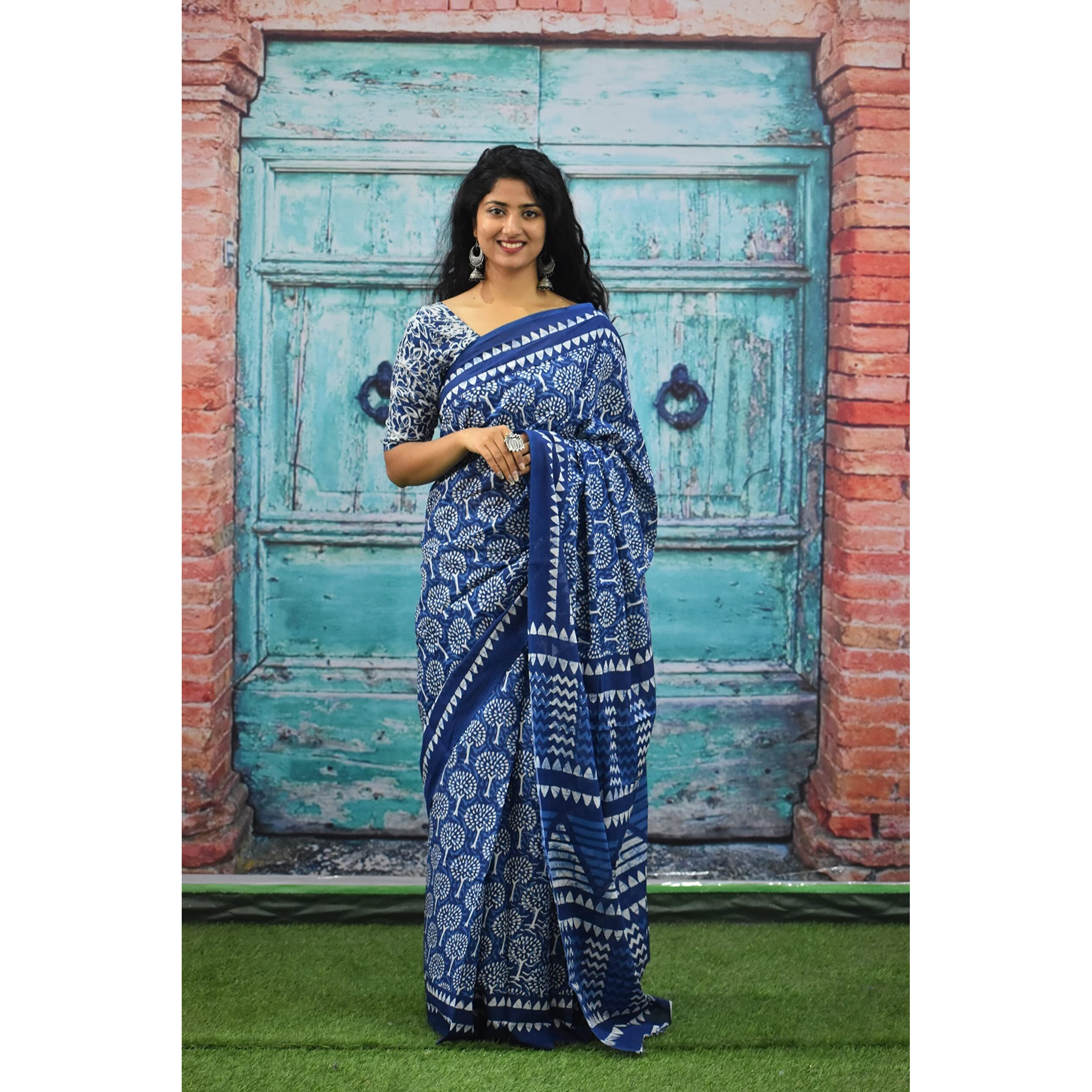 Kiaaron Handicrafts Womens Ikat Hand Block Print Jaipuri Cotton Mulmul Saree with Blouse Piece - _7