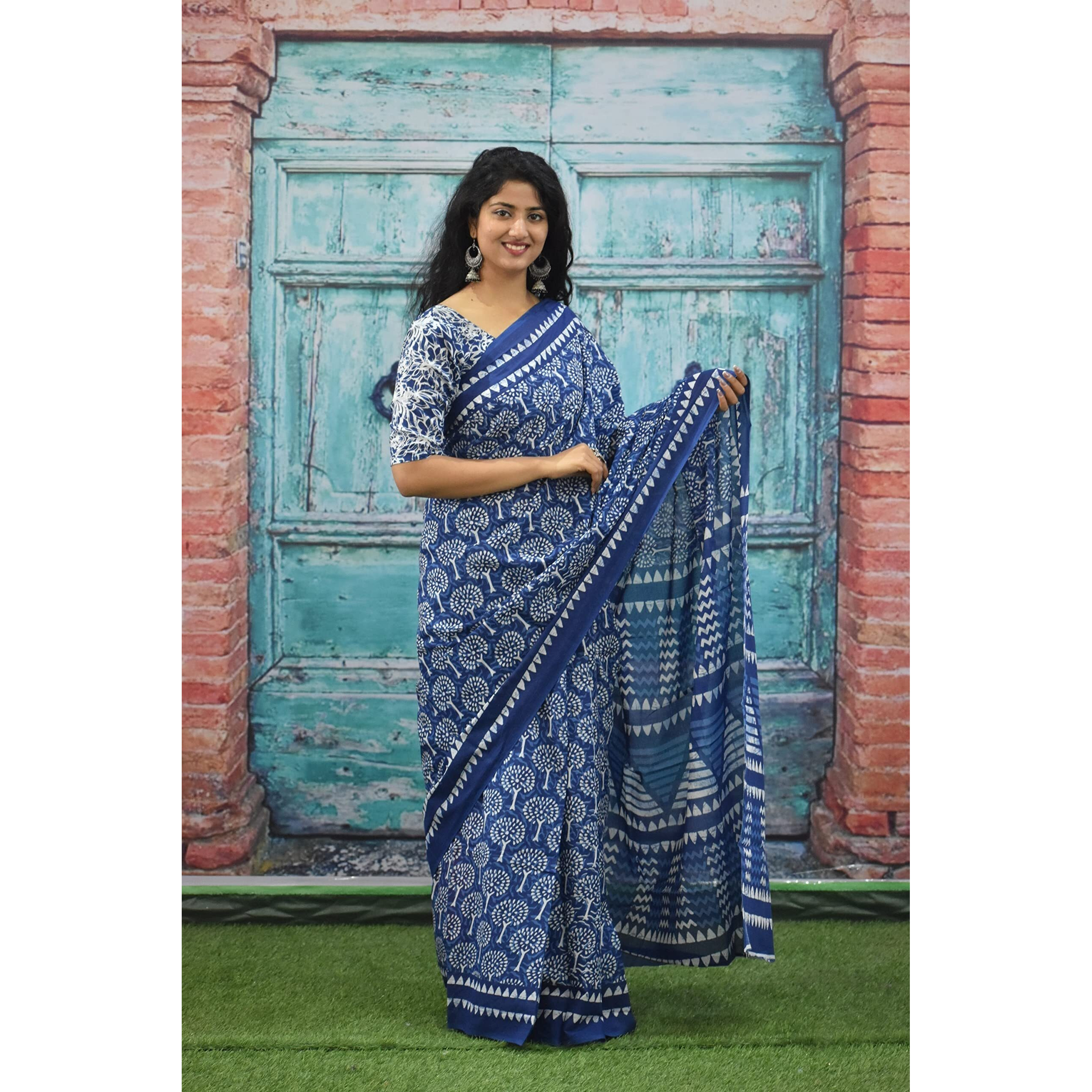 Kiaaron Handicrafts Womens Ikat Hand Block Print Jaipuri Cotton Mulmul Saree with Blouse Piece - _7