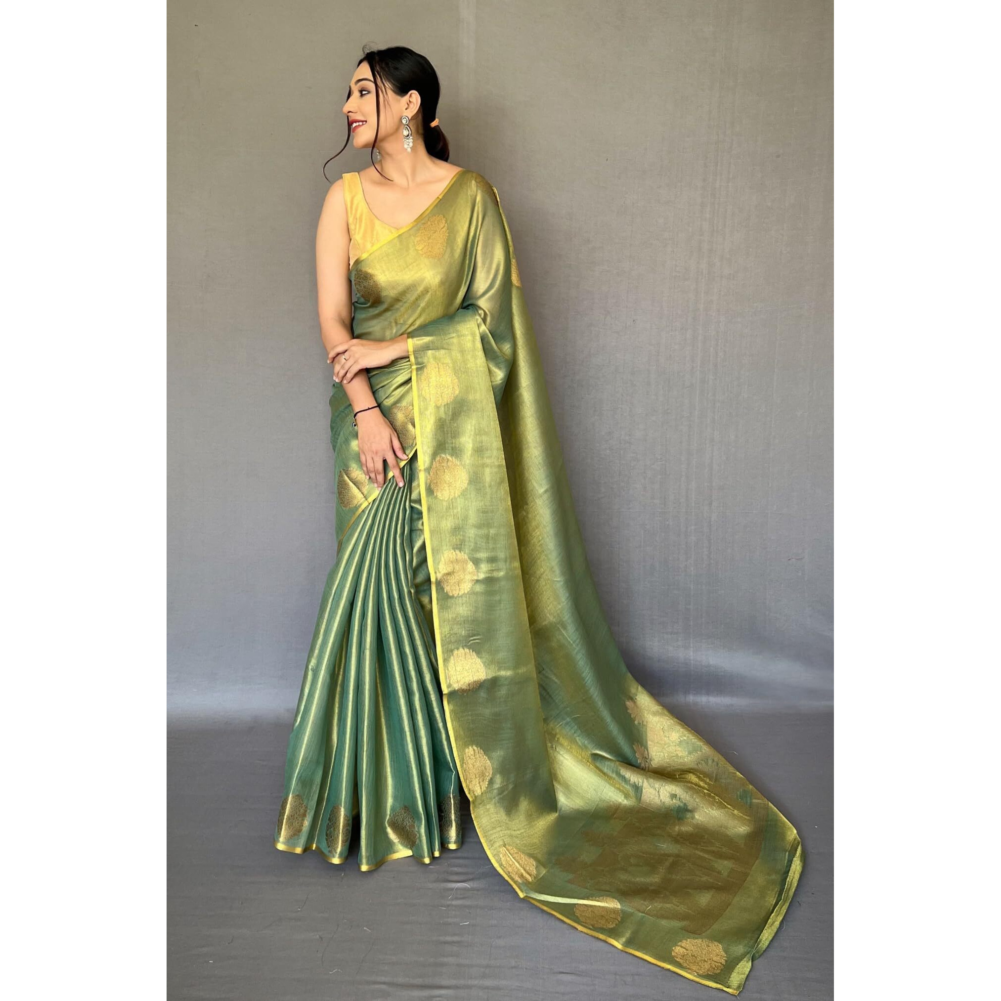 SGF11- Womens Kanjivaram Pure Tissue Silk Saree Golden Zari With Blouse Piece (Green)