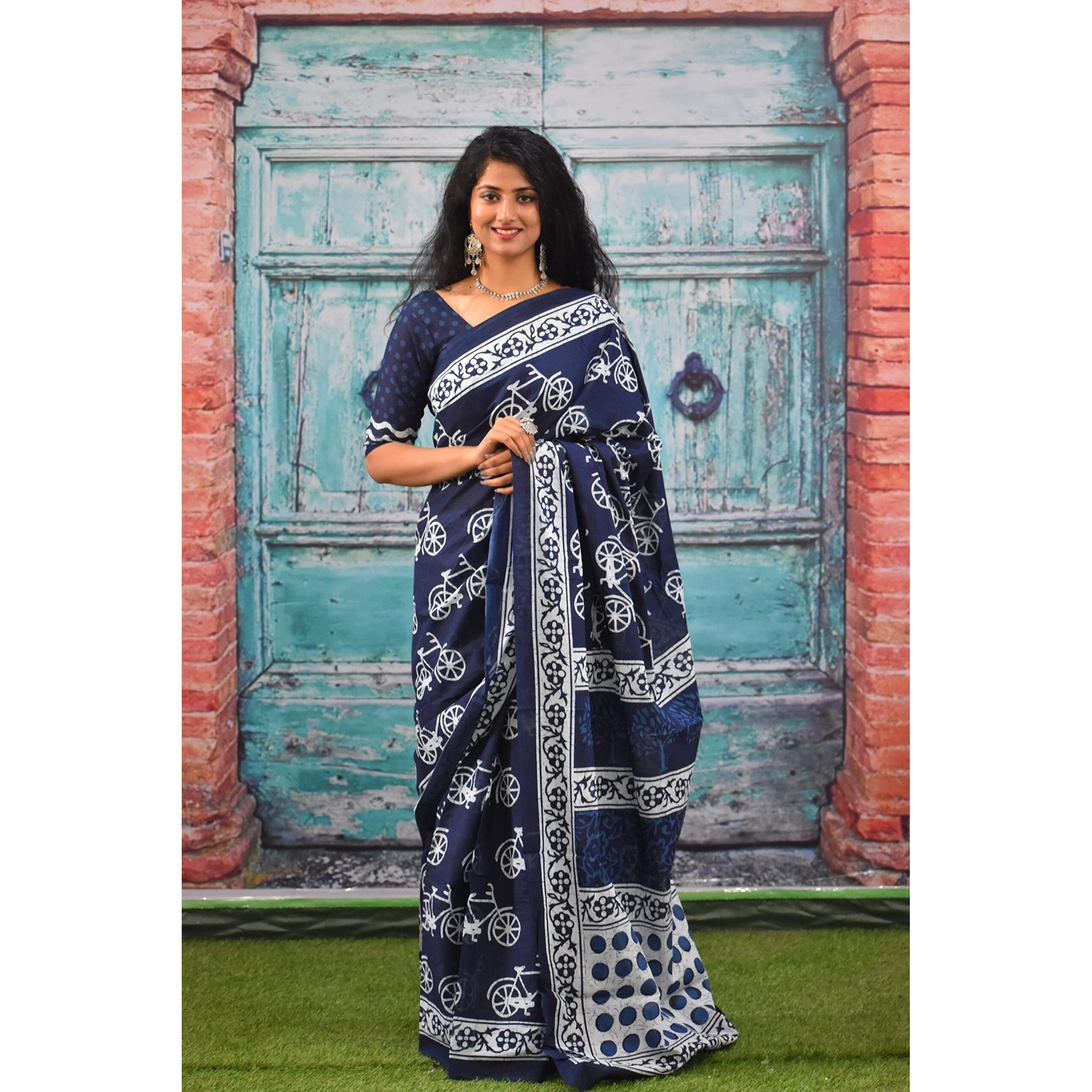 Kiaaron Womens Ikat Hand Block Print Jaipuri Cotton Mulmul Saree with Blouse Piece - Blue_45