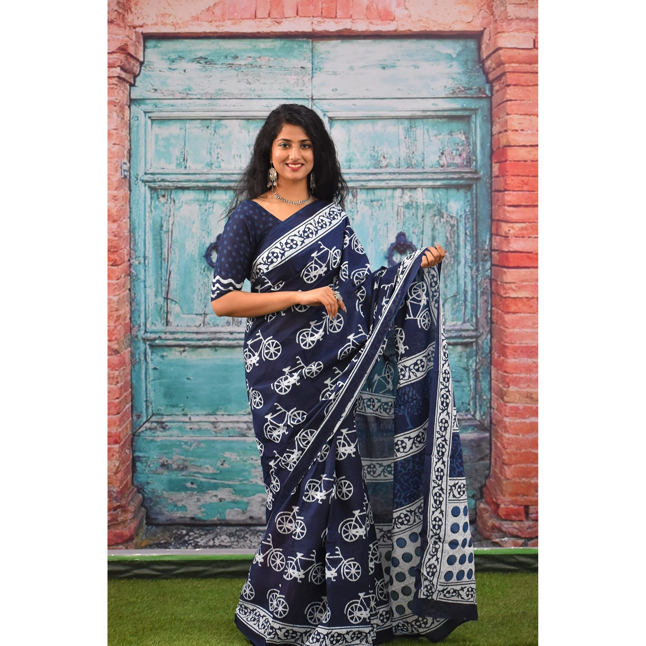 Kiaaron Womens Ikat Hand Block Print Jaipuri Cotton Mulmul Saree with Blouse Piece - Blue_45