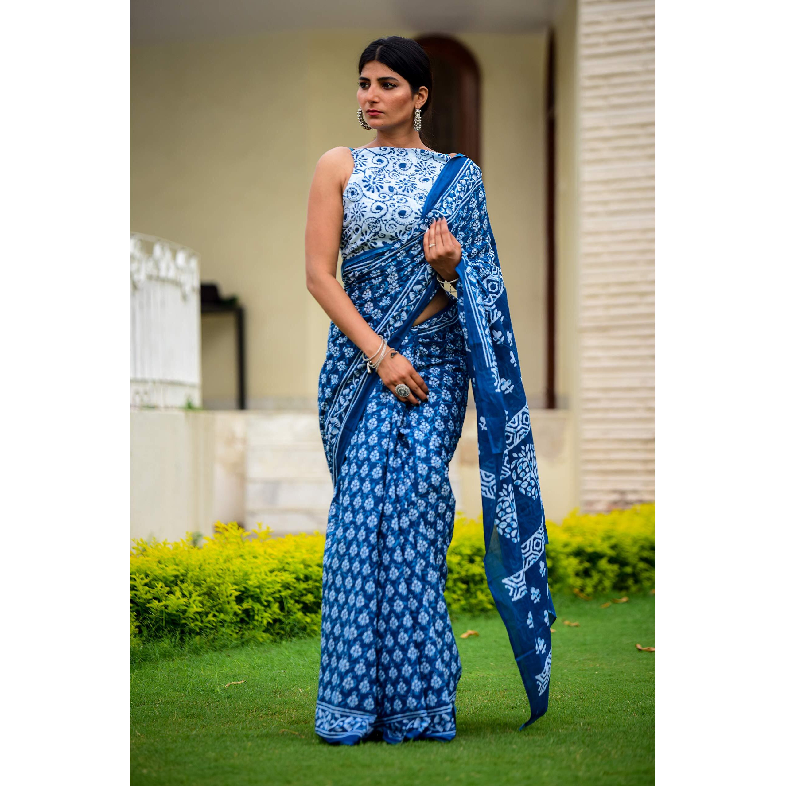 Kiaaron Womens Hand Block Kalamkari Batik Bagru Jaipuri Ikat Printed Handloom Pure Cotton Mulmul Traditional Ethnic Cotton Sarees With Printed Blouse Piece - Blue