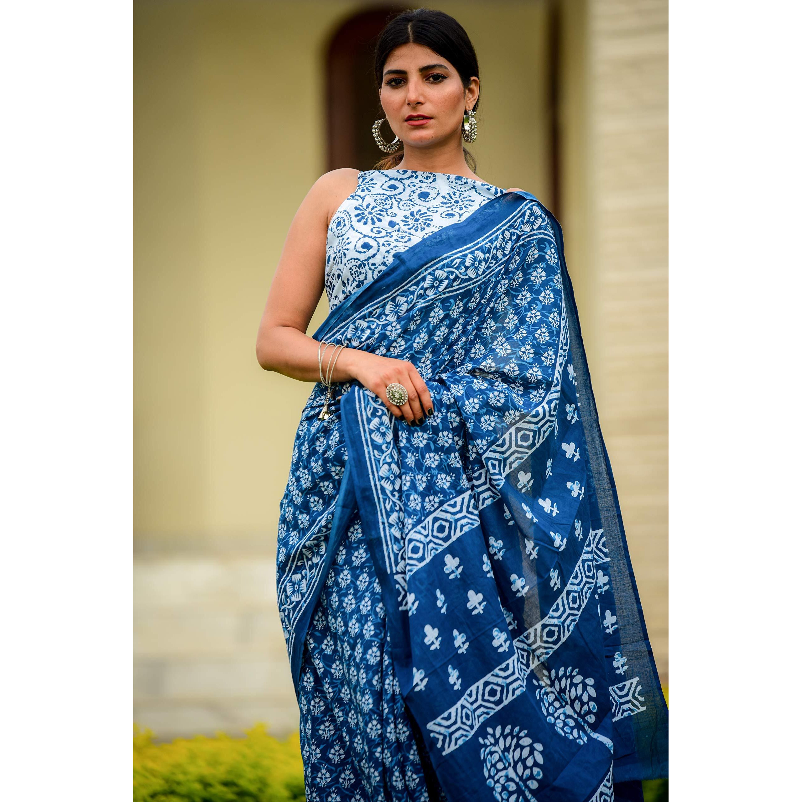 Kiaaron Womens Hand Block Kalamkari Batik Bagru Jaipuri Ikat Printed Handloom Pure Cotton Mulmul Traditional Ethnic Cotton Sarees With Printed Blouse Piece - Blue