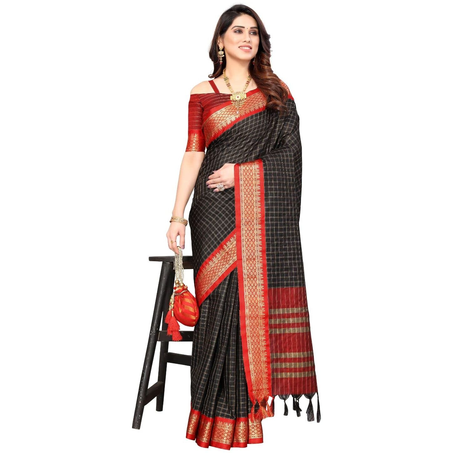 Yashika Womens Jacquard Cotton Silk Saree (BHAVINI Black 01)