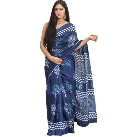 Kiaaron Womens Hand Block Kalamkari Batik Bagru Jaipuri Ikat Printed Handloom Pure Cotton Mulmul Traditional Ethnic Cotton Sarees With Printed Blouse Piece - Blue