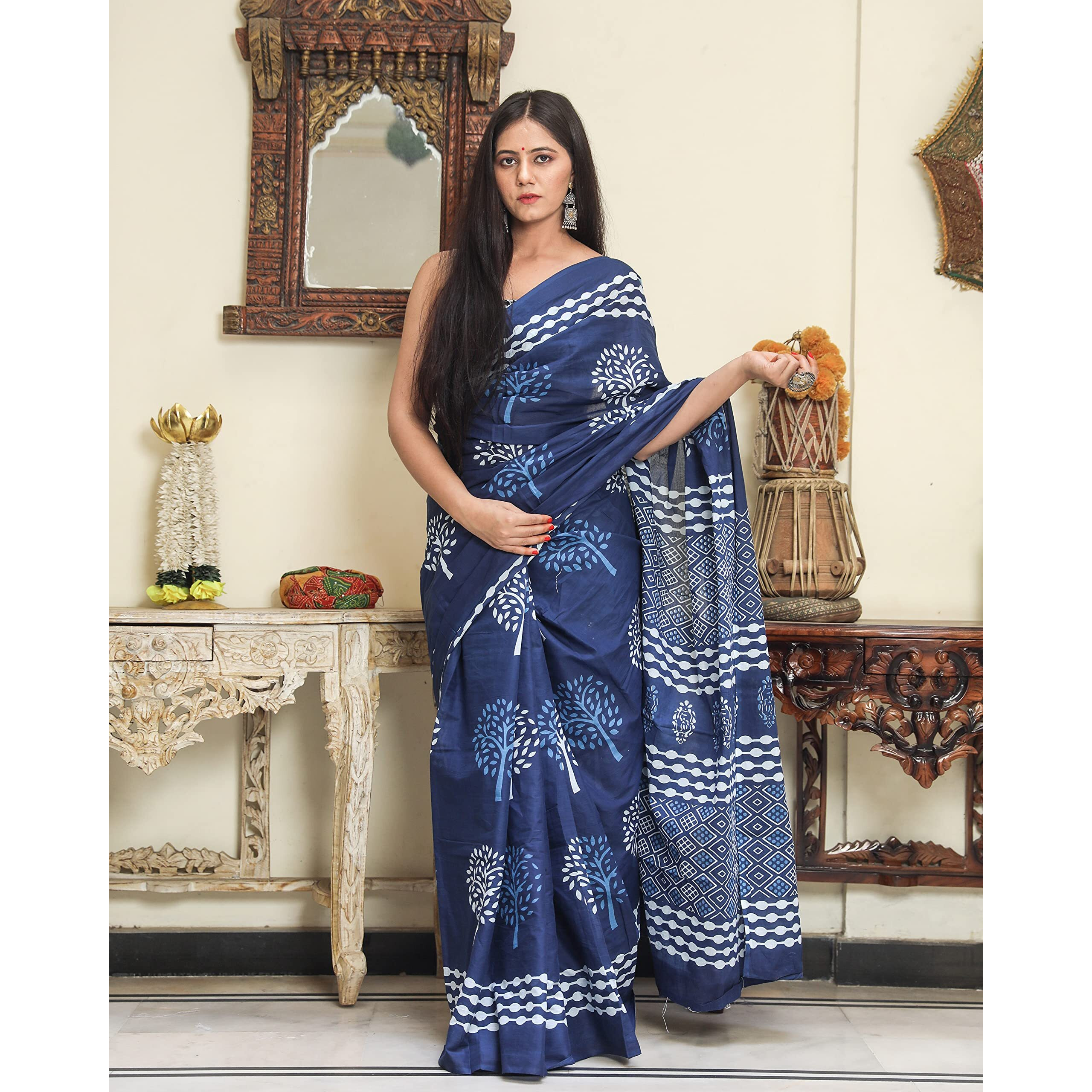 Kiaaron Womens Hand Block Kalamkari Batik Bagru Jaipuri Ikat Printed Handloom Pure Cotton Mulmul Traditional Ethnic Cotton Sarees With Printed Blouse Piece - Blue