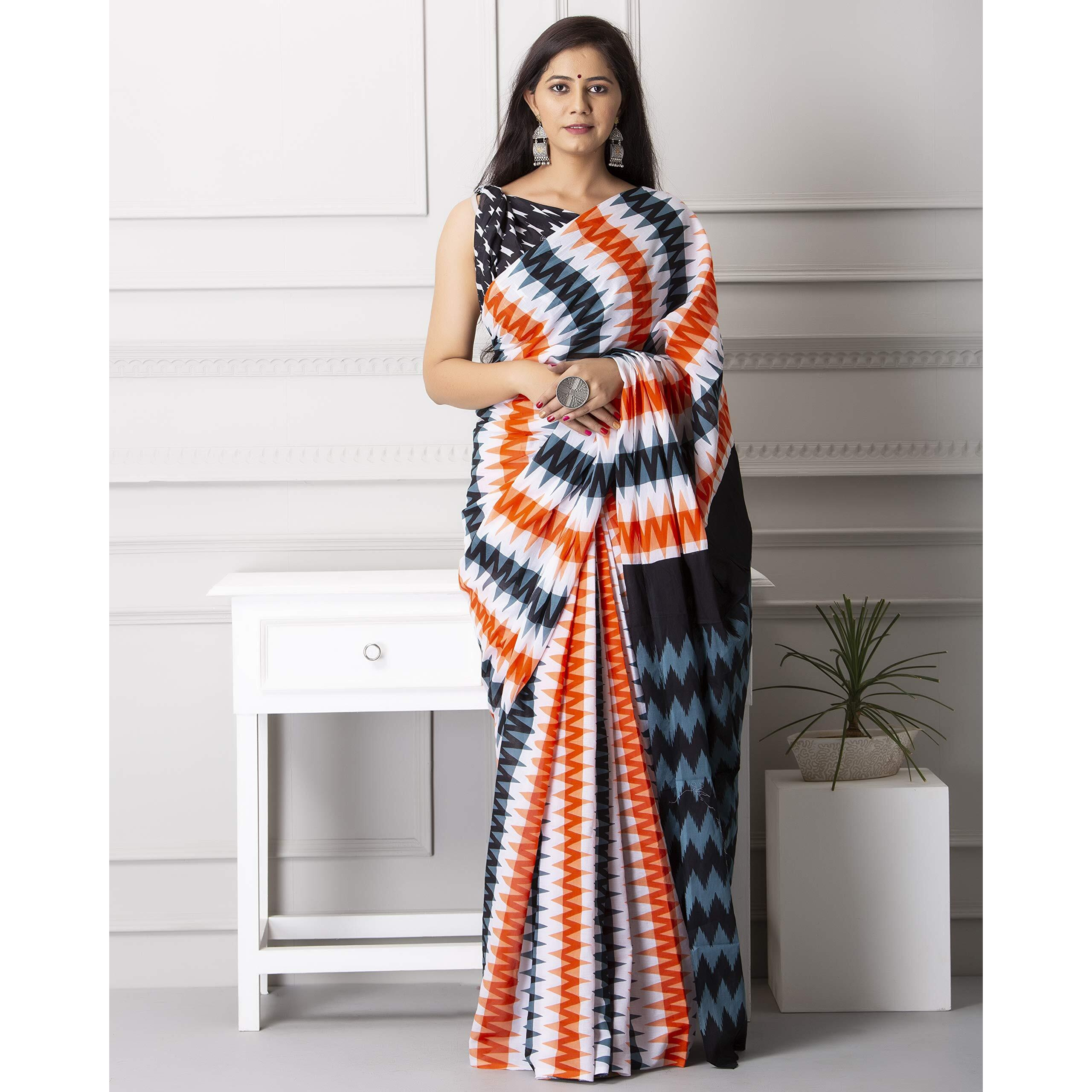 Kiaaron Handicrafts Womens Ikat Hand Block Print Jaipuri Cotton Mulmul Saree with Blouse Piece - _SH_41