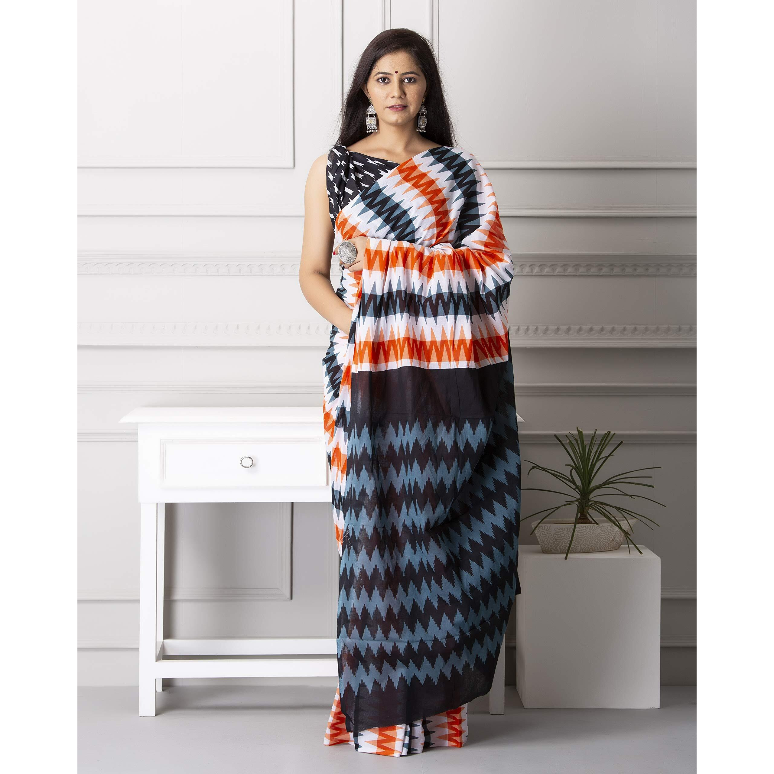 Kiaaron Handicrafts Womens Ikat Hand Block Print Jaipuri Cotton Mulmul Saree with Blouse Piece - _SH_41