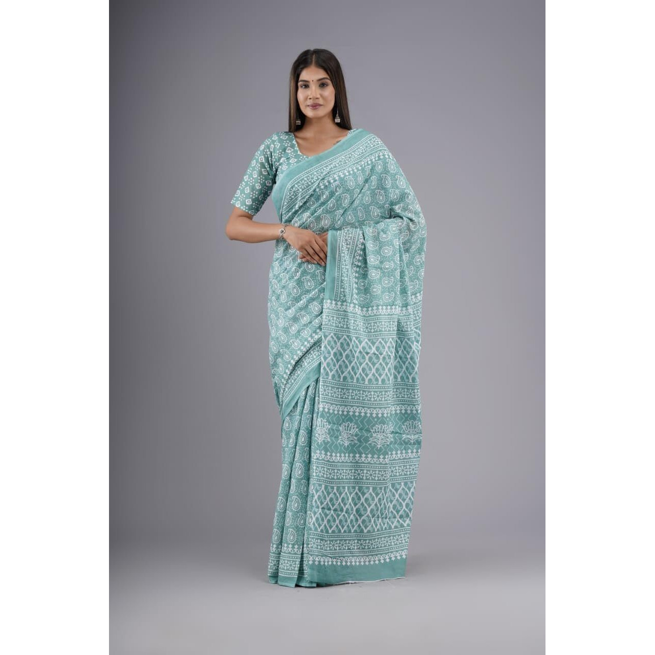 Kiaaron Handicrafts Womens Ikat Hand Block Print Jaipuri Cotton Mulmul Saree with Blouse Piece - Multi_1