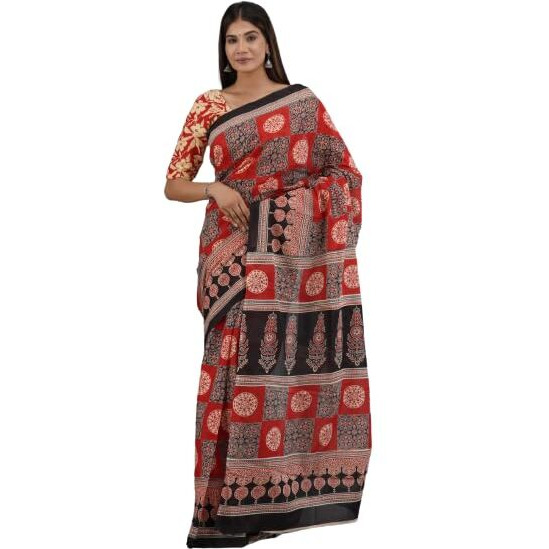 Kiaaron Handicrafts Womens Ikat Hand Block Print Jaipuri Cotton Mulmul Saree with Blouse Piece -Maroon_3