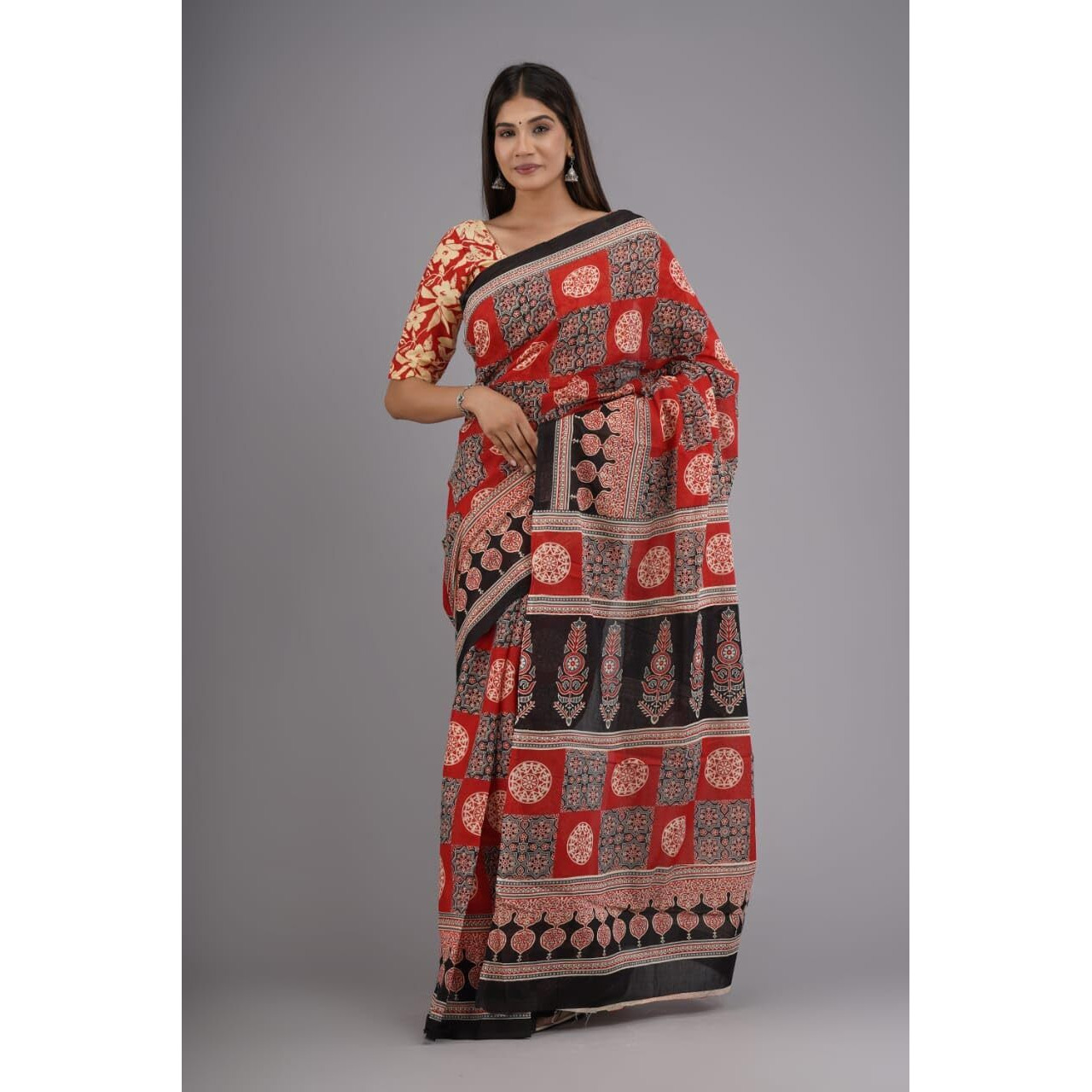Kiaaron Handicrafts Womens Ikat Hand Block Print Jaipuri Cotton Mulmul Saree with Blouse Piece -Maroon_3