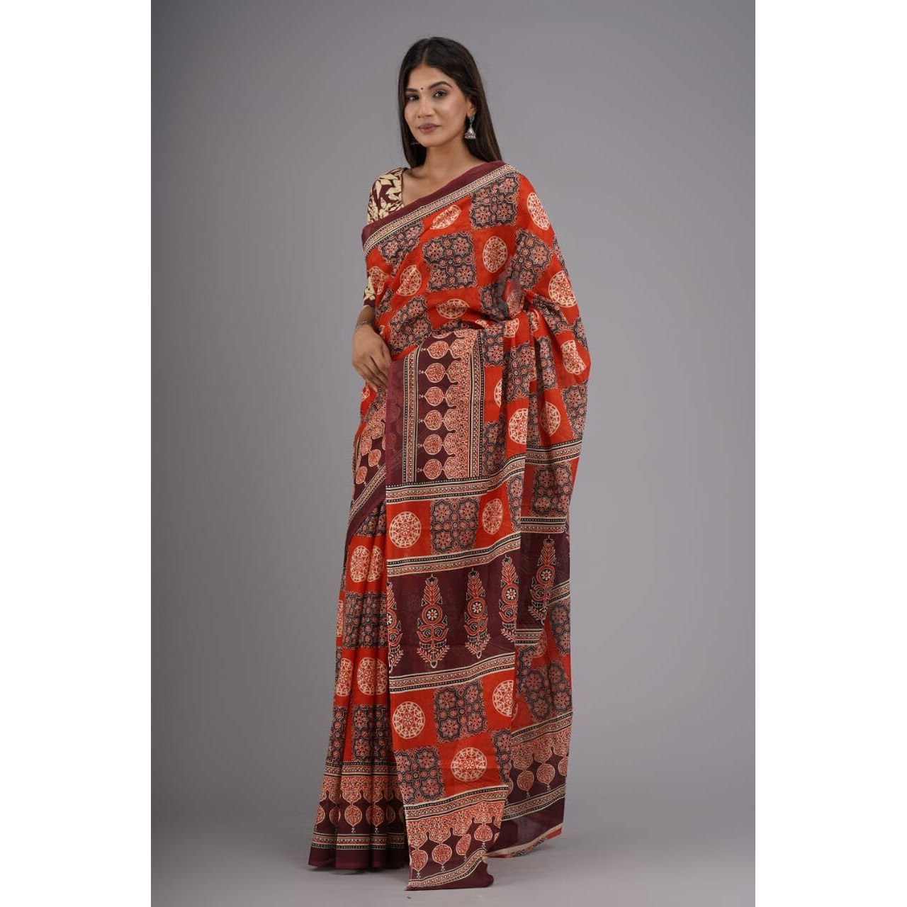 Kiaaron Handicrafts Womens Ikat Hand Block Print Jaipuri Cotton Mulmul Saree with Blouse Piece -Maroon_3