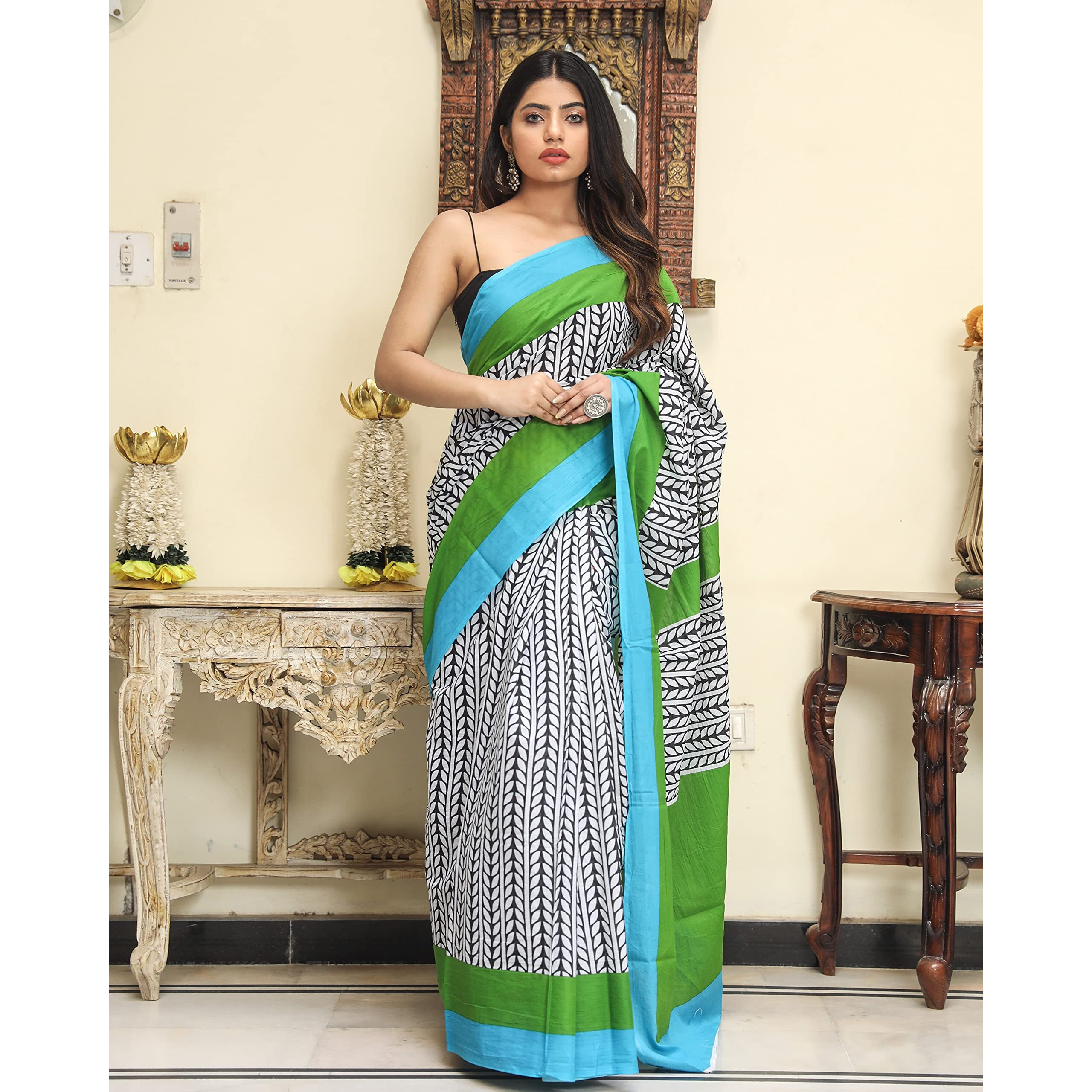 Kiaaron Womens Hand Block Kalamkari Batik Bagru Jaipuri Ikat Printed Handloom Pure Cotton Mulmul Traditional Ethnic Cotton Sarees With Printed Blouse Piece -Grey