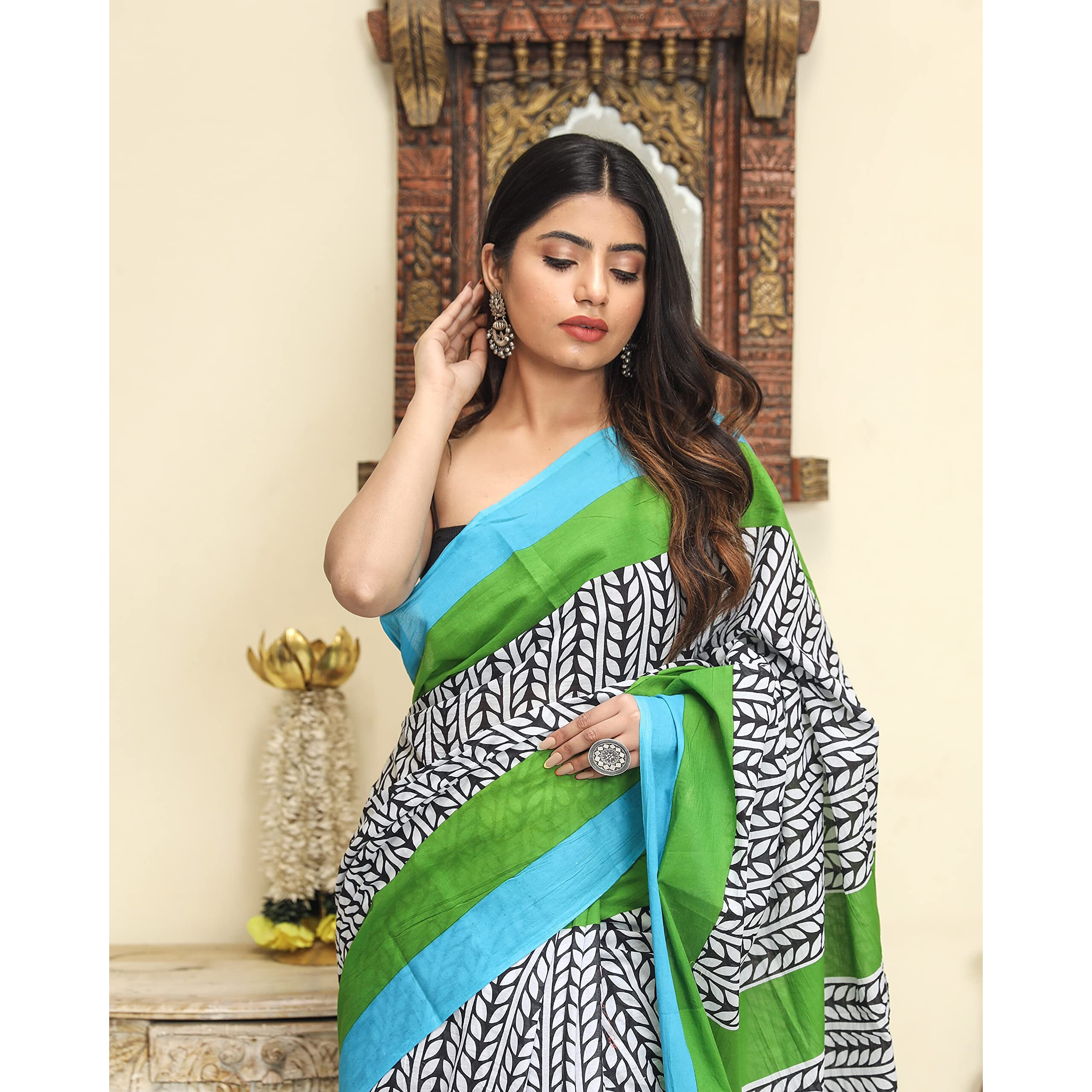 Kiaaron Womens Hand Block Kalamkari Batik Bagru Jaipuri Ikat Printed Handloom Pure Cotton Mulmul Traditional Ethnic Cotton Sarees With Printed Blouse Piece -Grey