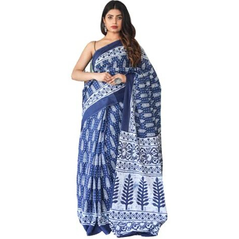 Kiaaron Womens Hand Block Kalamkari Batik Bagru Jaipuri Ikat Printed Handloom Pure Cotton Mulmul Traditional Ethnic Cotton Sarees With Printed Blouse Piece - Blue