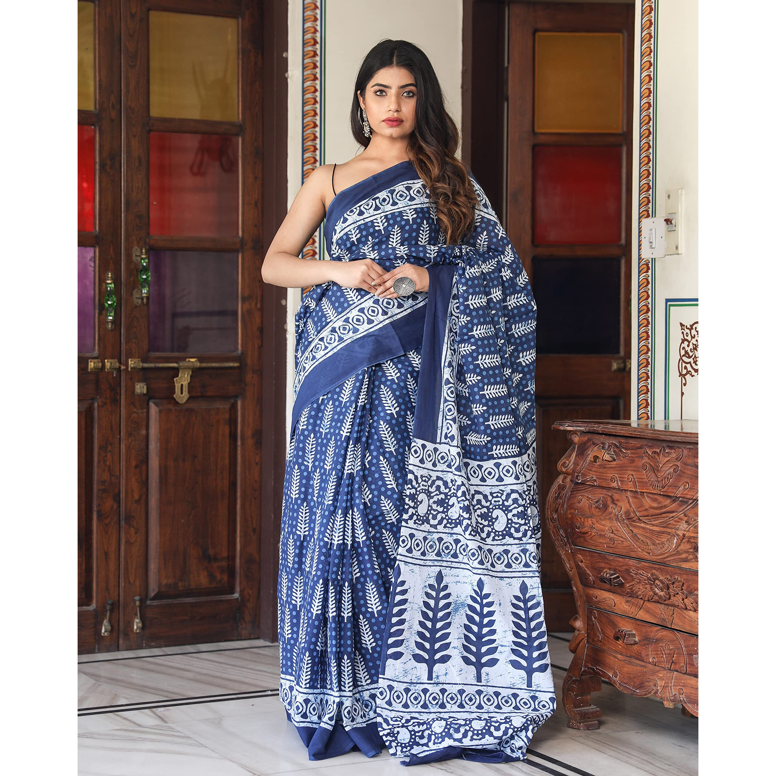 Kiaaron Womens Hand Block Kalamkari Batik Bagru Jaipuri Ikat Printed Handloom Pure Cotton Mulmul Traditional Ethnic Cotton Sarees With Printed Blouse Piece - Blue