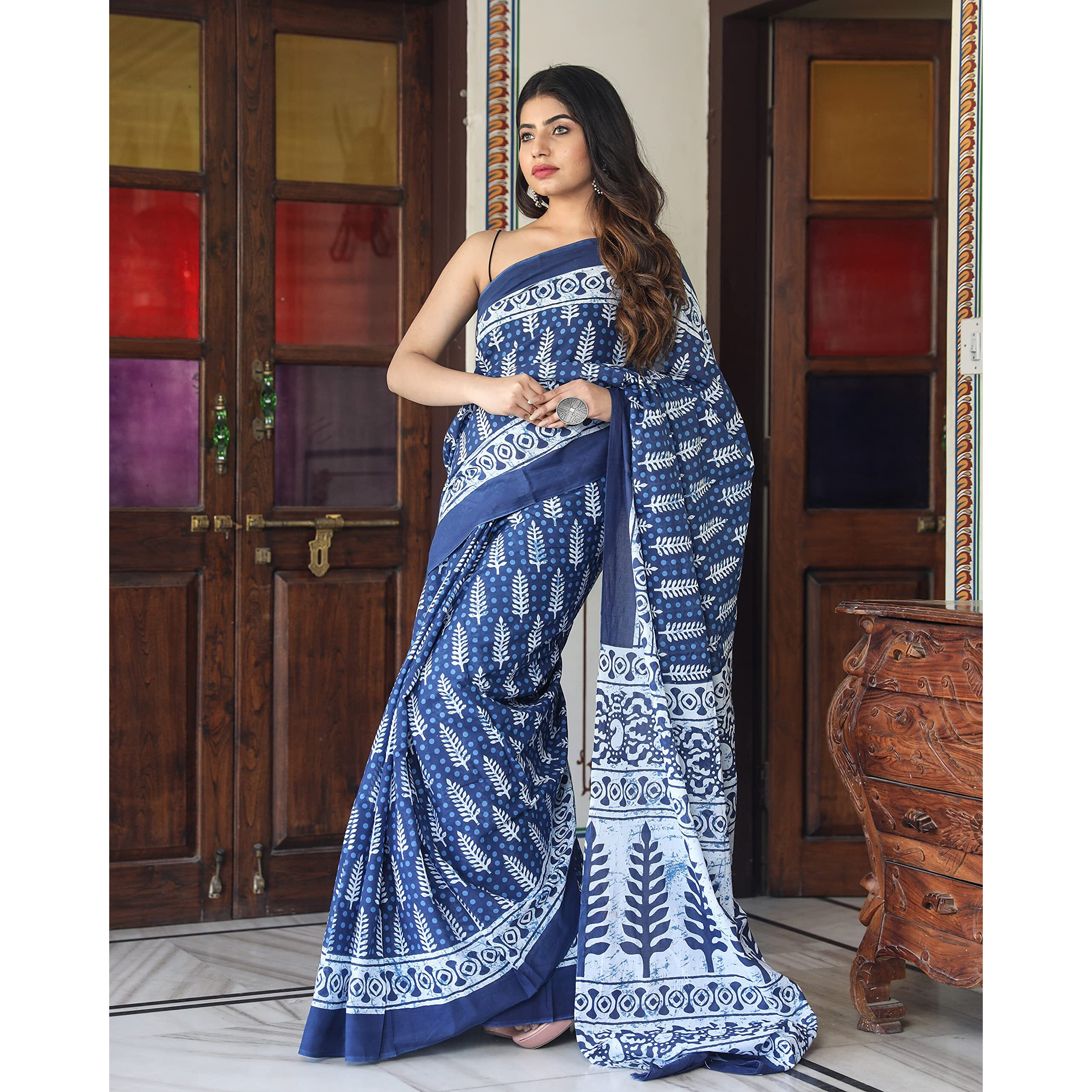 Kiaaron Womens Hand Block Kalamkari Batik Bagru Jaipuri Ikat Printed Handloom Pure Cotton Mulmul Traditional Ethnic Cotton Sarees With Printed Blouse Piece - Blue