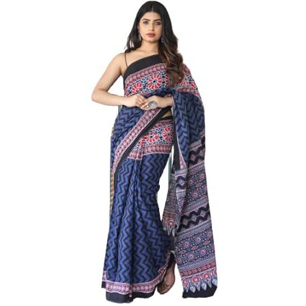 Kiaaron Womens Hand Block Kalamkari Batik Bagru Jaipuri Ikat Printed Handloom Pure Cotton Mulmul Traditional Ethnic Cotton Sarees With Printed Blouse Piece - Blue