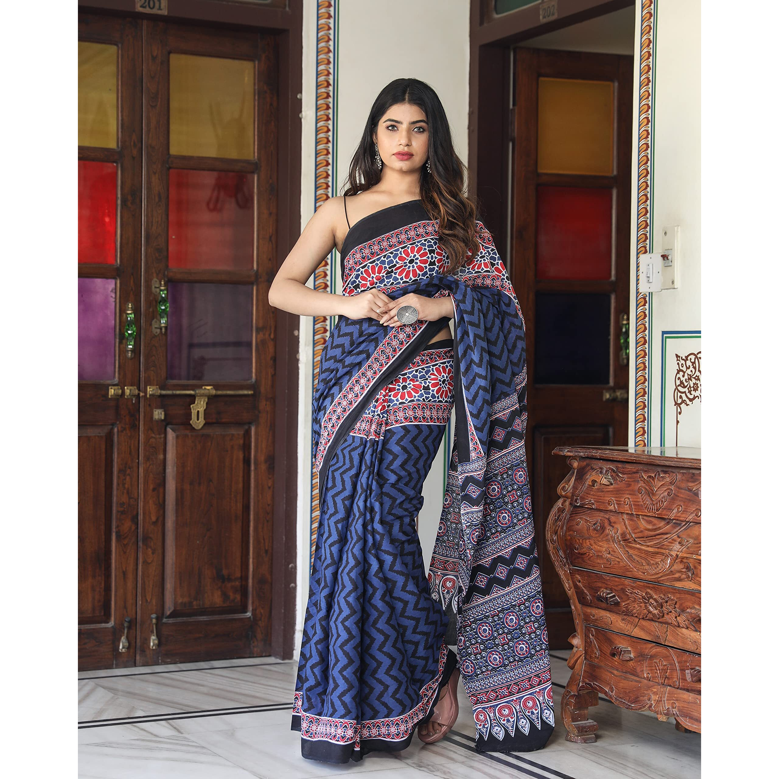 Kiaaron Womens Hand Block Kalamkari Batik Bagru Jaipuri Ikat Printed Handloom Pure Cotton Mulmul Traditional Ethnic Cotton Sarees With Printed Blouse Piece - Blue