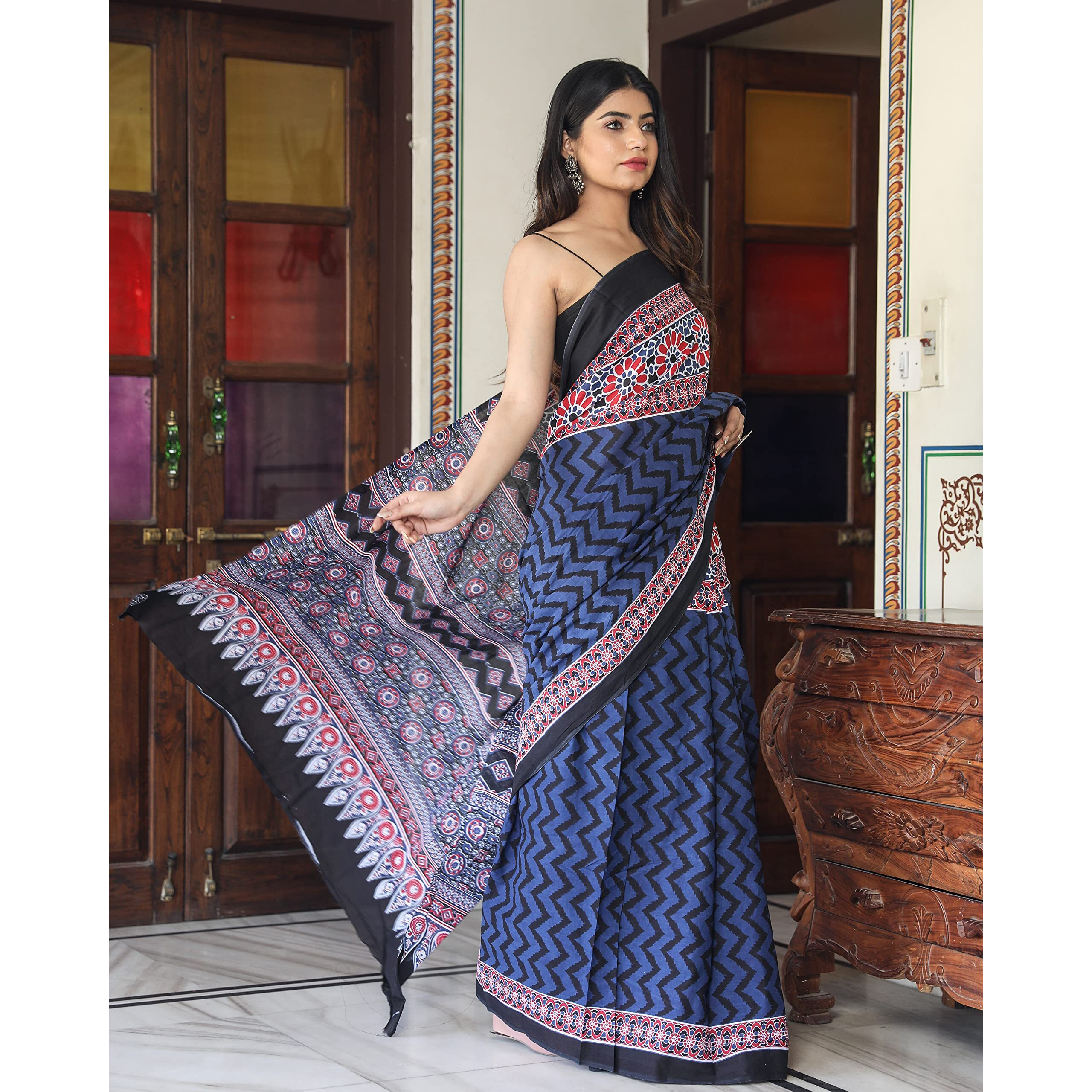 Kiaaron Womens Hand Block Kalamkari Batik Bagru Jaipuri Ikat Printed Handloom Pure Cotton Mulmul Traditional Ethnic Cotton Sarees With Printed Blouse Piece - Blue
