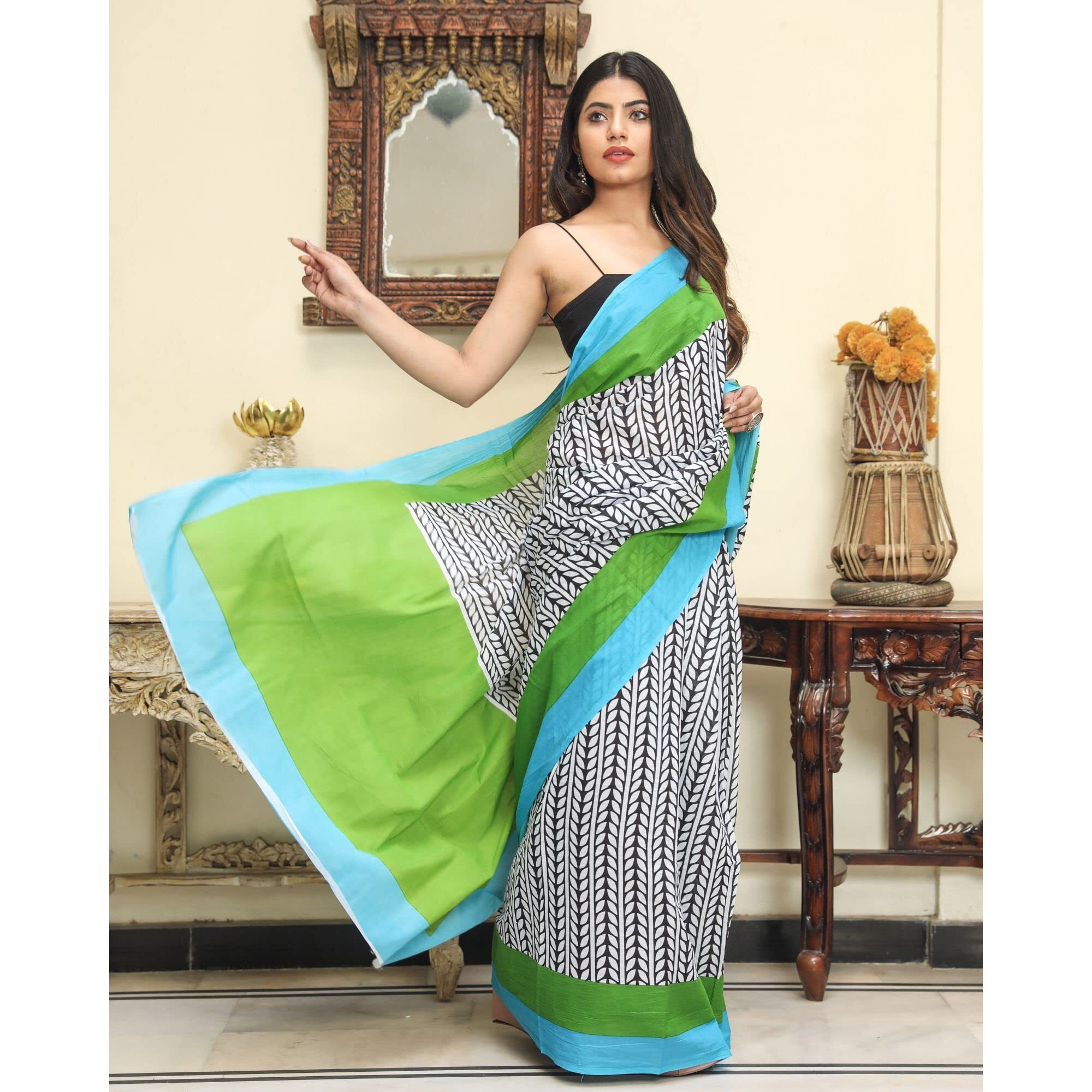 Kiaaron Womens Hand Block Kalamkari Batik Bagru Jaipuri Ikat Printed Handloom Pure Cotton Mulmul Traditional Ethnic Cotton Sarees With Printed Blouse Piece - Red