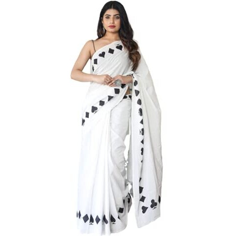 Kiaaron Womens Hand Block Kalamkari Batik Bagru Jaipuri Ikat Printed Handloom Pure Cotton Mulmul Traditional Ethnic Cotton Sarees With Printed Blouse Piece - White