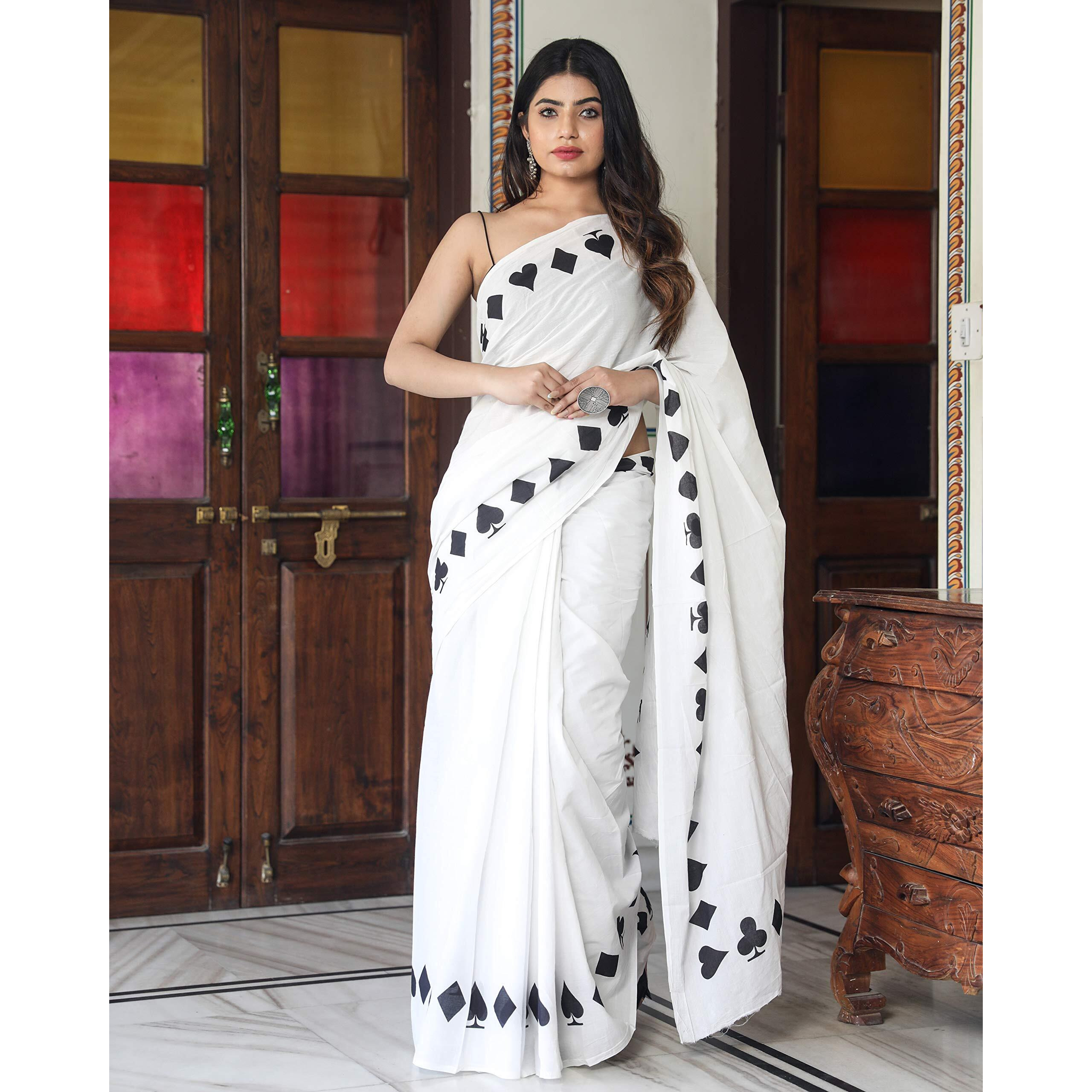 Kiaaron Womens Hand Block Kalamkari Batik Bagru Jaipuri Ikat Printed Handloom Pure Cotton Mulmul Traditional Ethnic Cotton Sarees With Printed Blouse Piece - White