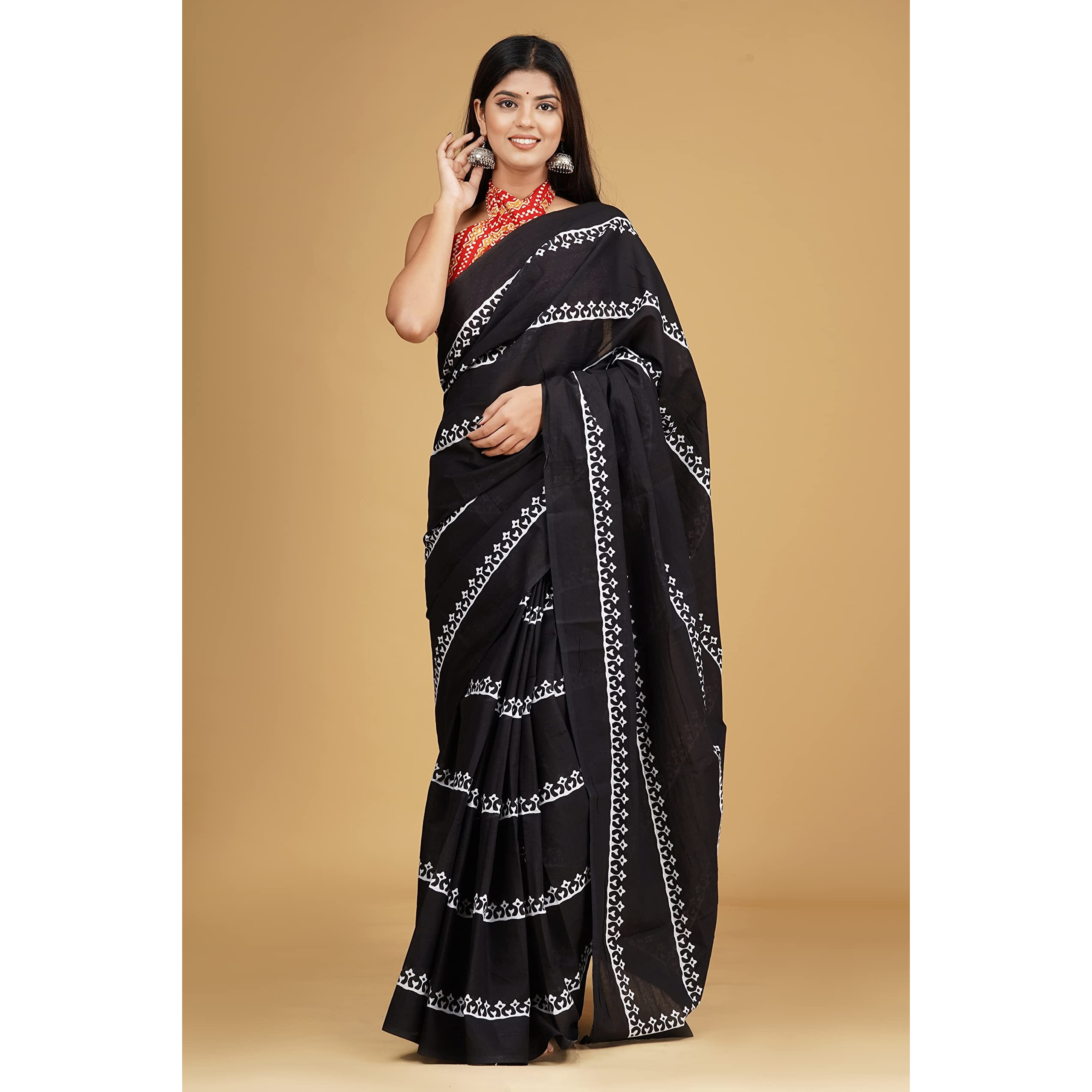 Kiaaron Handicrafts Womens Ikat Hand Block Print Jaipuri Cotton Mulmul Saree with Blouse Piece - _SH_50
