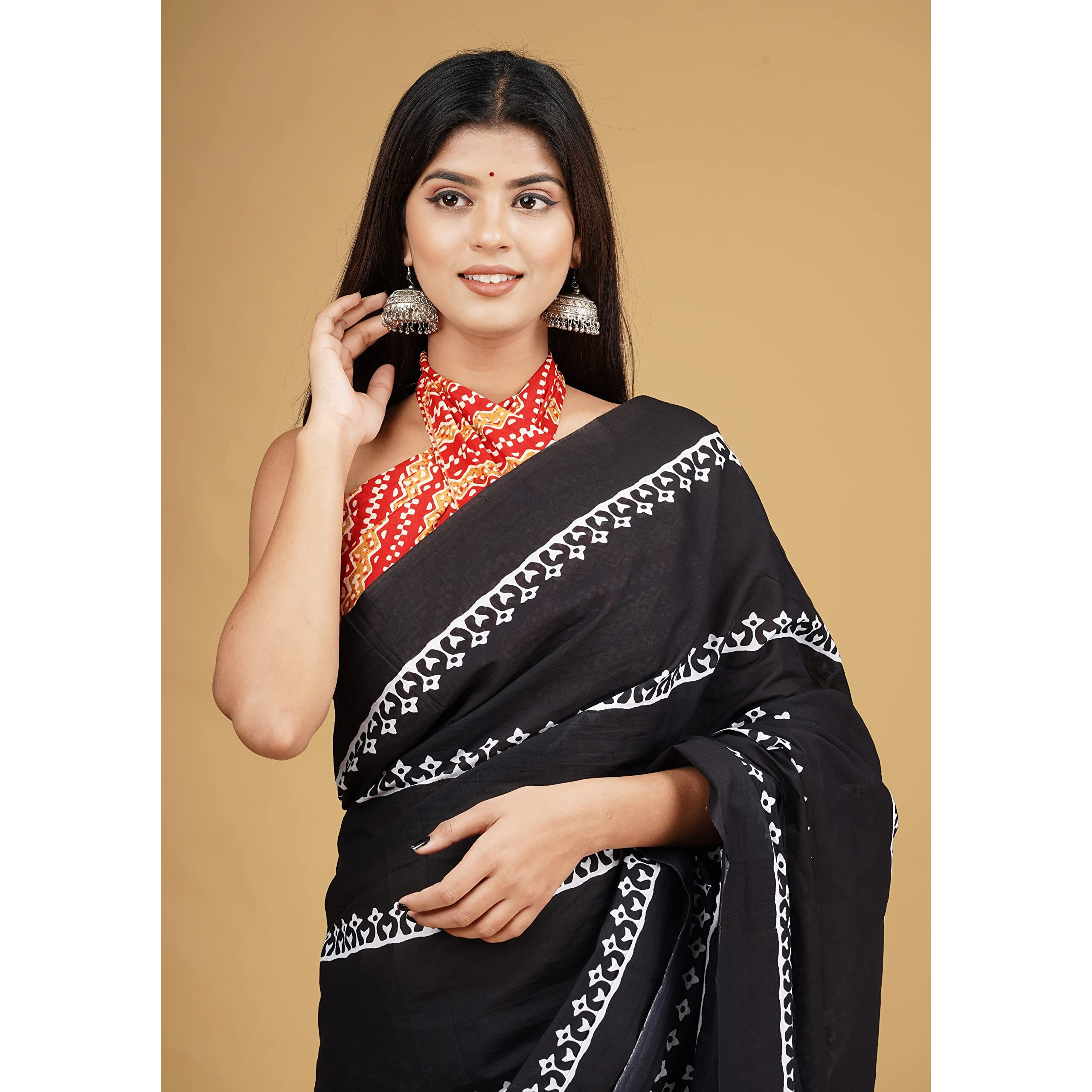 Kiaaron Handicrafts Womens Ikat Hand Block Print Jaipuri Cotton Mulmul Saree with Blouse Piece - _SH_50