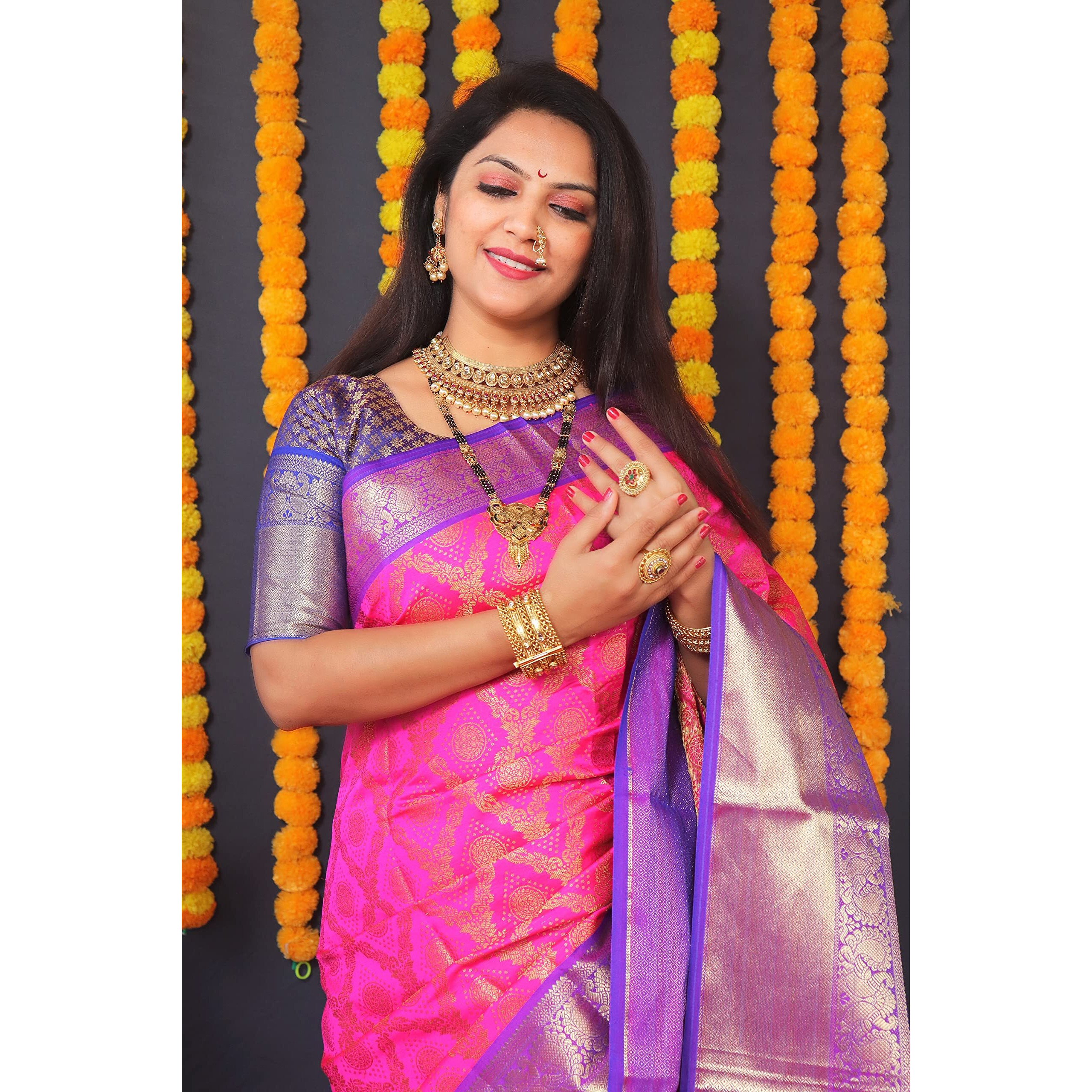 AMIRAT Clothing Womens Banarasi Wedding Designer Litchi Silk Saree With Unstiched Blouse Peice (Pink)