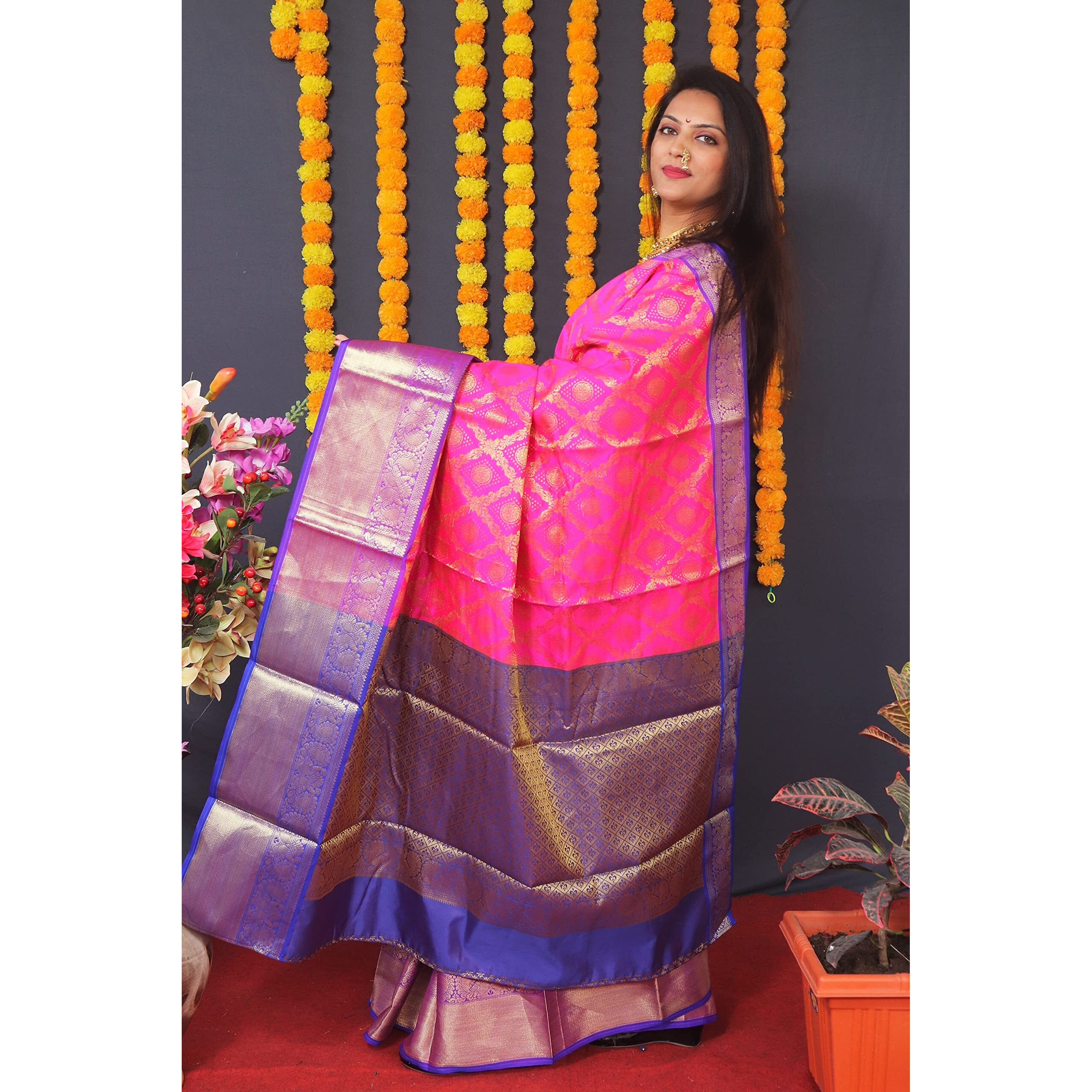 AMIRAT Clothing Womens Banarasi Wedding Designer Litchi Silk Saree With Unstiched Blouse Peice (Pink)